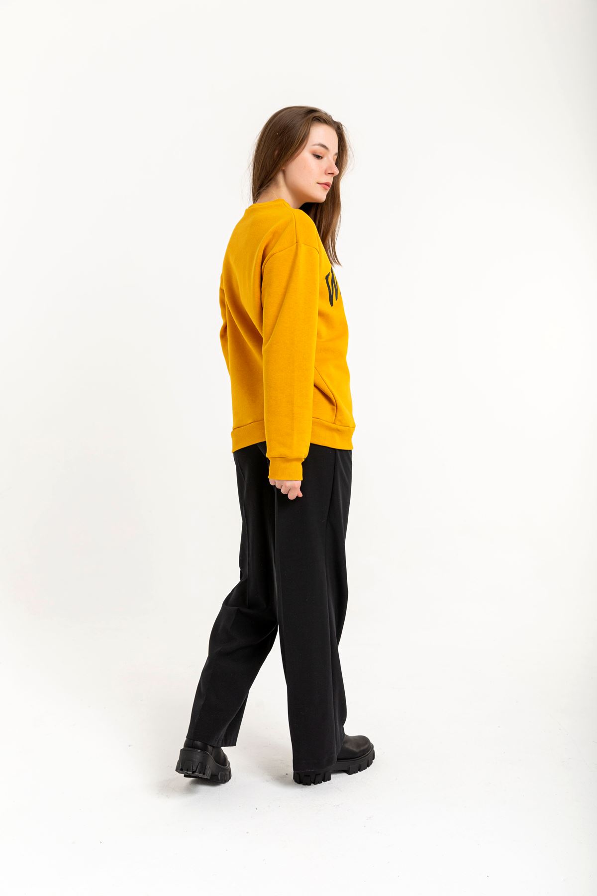 Third Knit With Wool İnside Fabric Long Sleeve Bicycle Collar Women Sweatshirt - Mustard