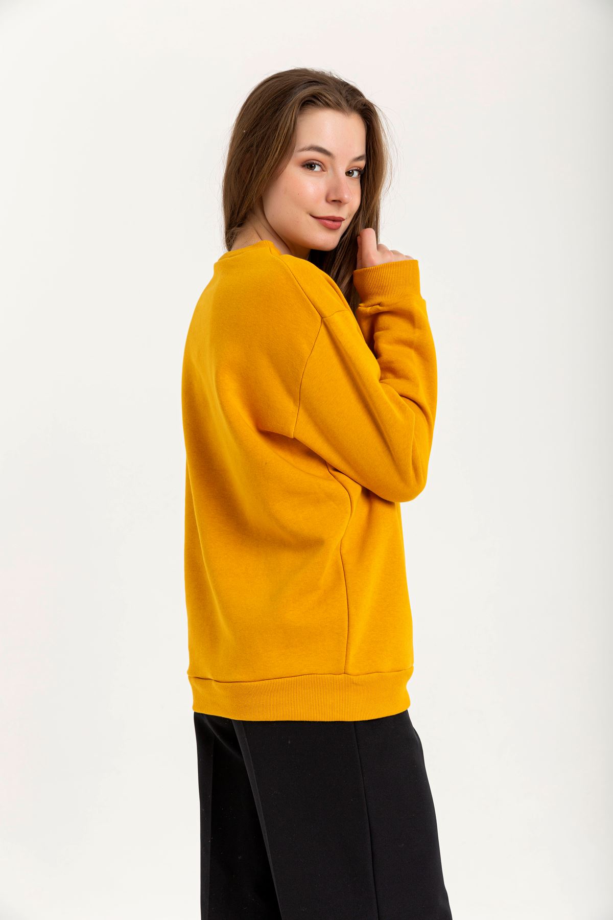 Third Knit With Wool İnside Fabric Long Sleeve Bicycle Collar Women Sweatshirt - Mustard
