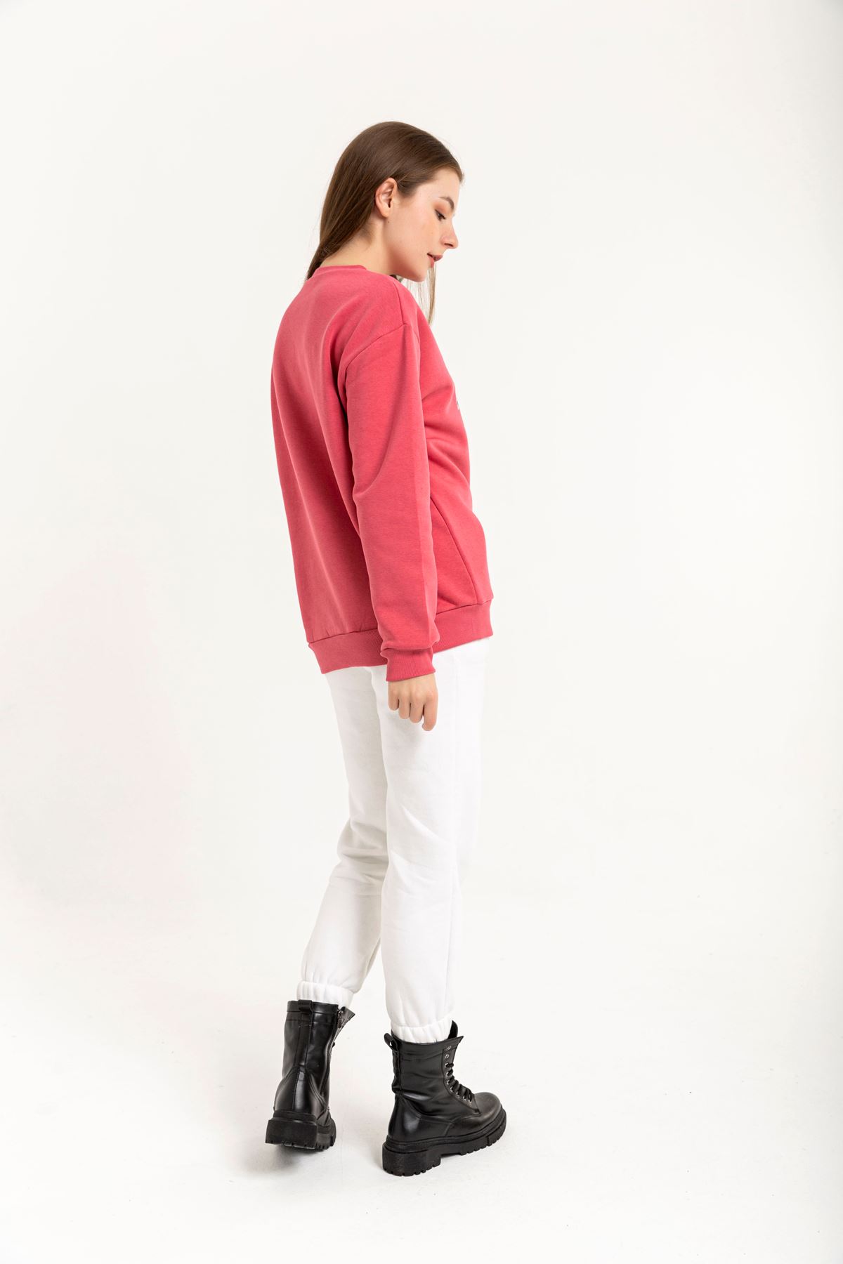 Third Knit With Wool İnside Fabric Long Sleeve Hip Height Inscribed Women Sweatshirt - Pink