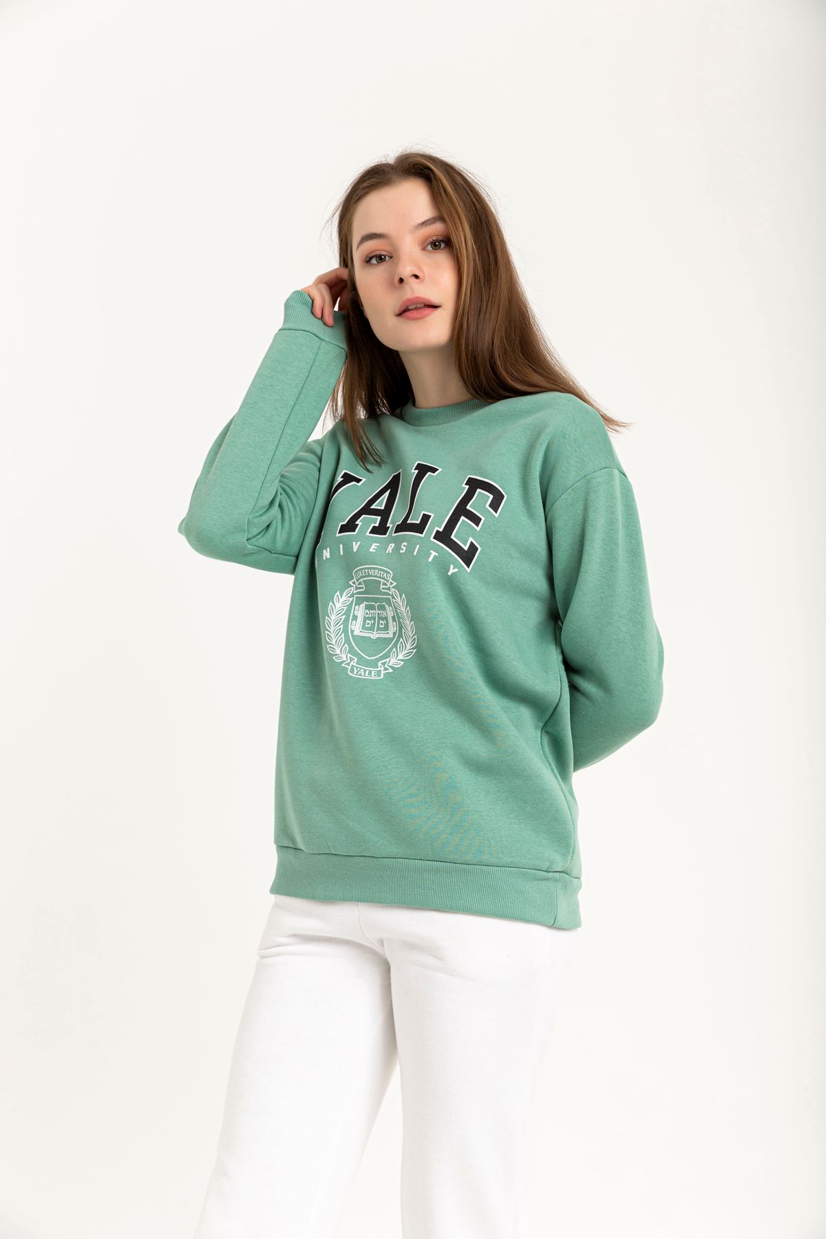 Third Knit With Wool İnside Fabric Long Sleeve Hip Height Inscribed Women Sweatshirt - Mint