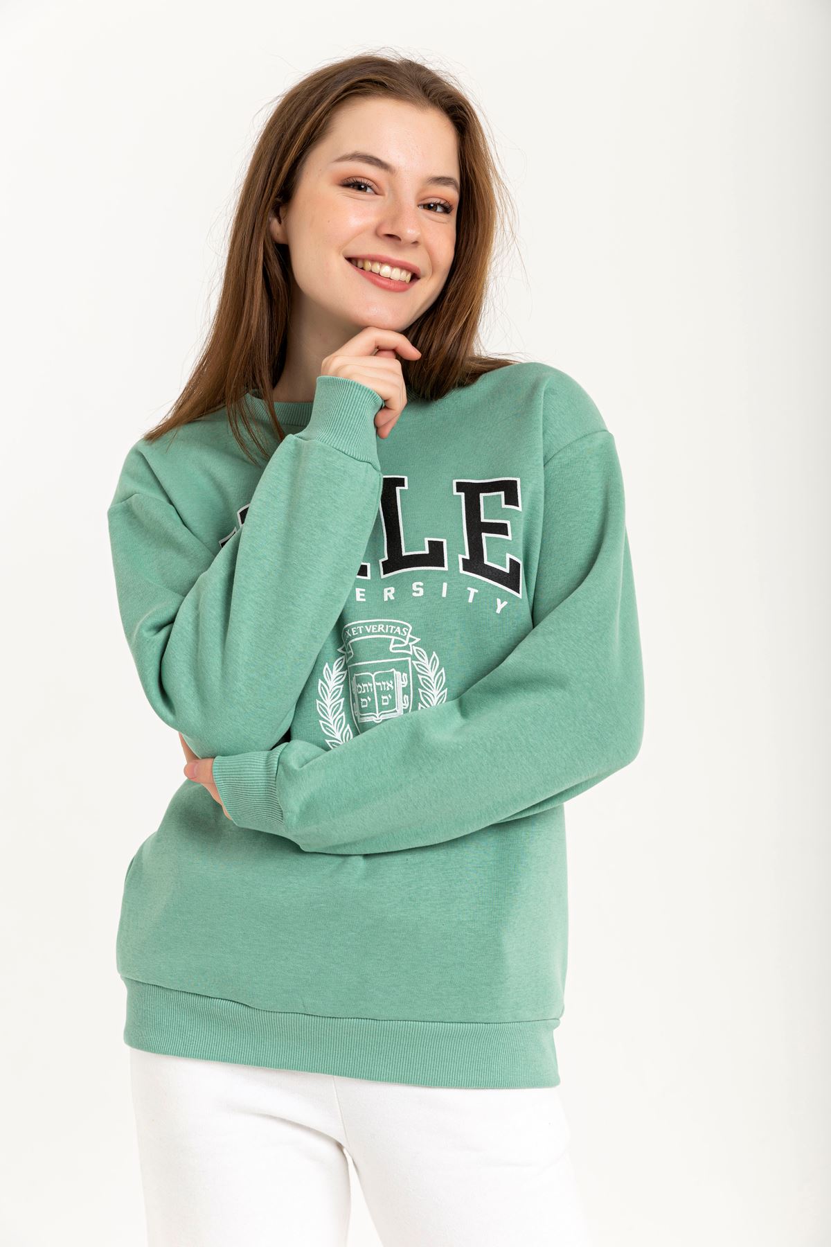 Third Knit With Wool İnside Fabric Long Sleeve Hip Height Inscribed Women Sweatshirt - Mint
