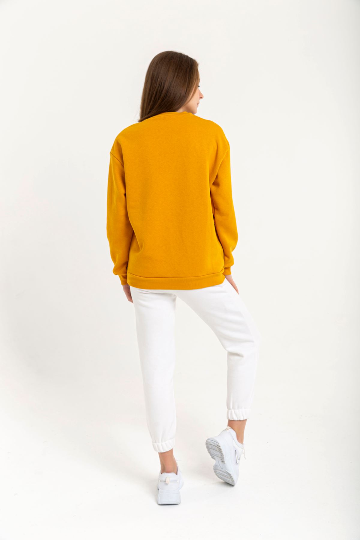 Third Knit With Wool İnside Fabric Long Sleeve Hip Height İnscribed Women Sweatshirt - Mustard