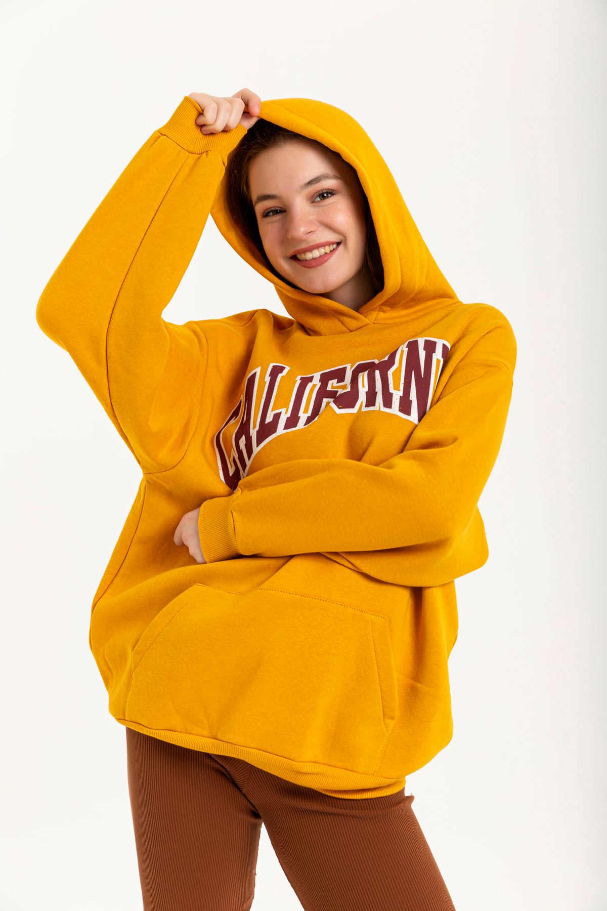 Jesica Fabric Long Sleeve Hooded Oversize Zip Women Sweatshirt - Mustard