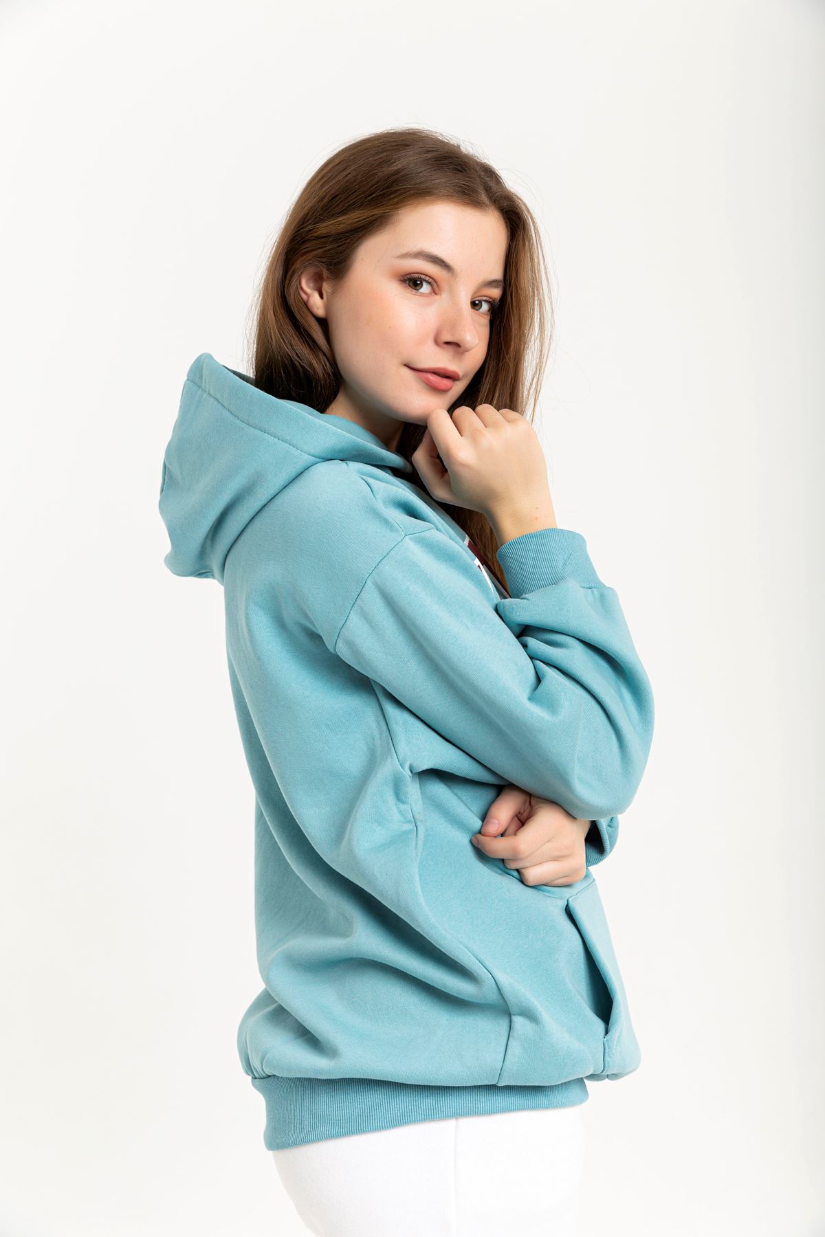 Jesica Fabric Long Sleeve Hooded Oversize Zip Women Sweatshirt - Blue
