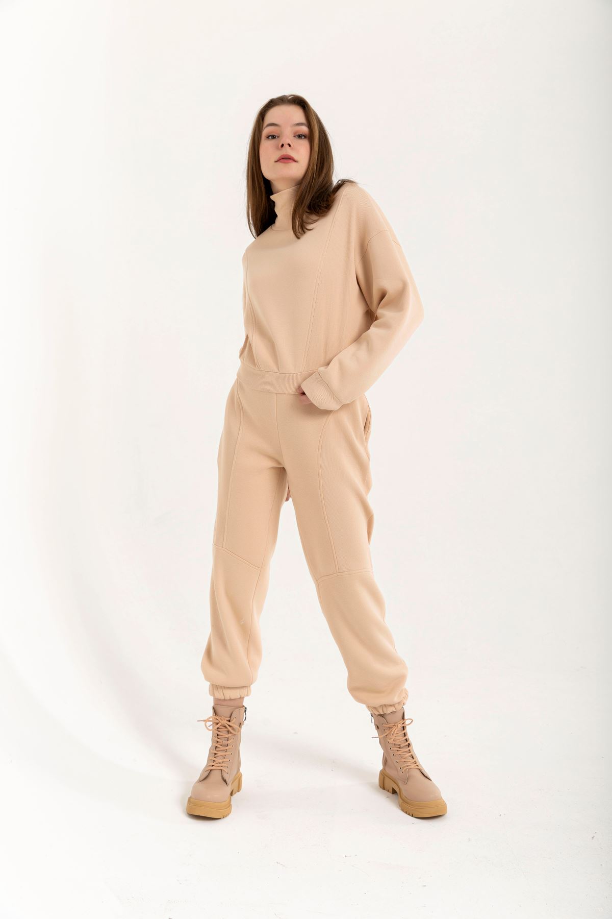 Third Knit With Wool İnside Fabric Roll Neck Comfy Women'S Set 2 Pieces - Light Brown