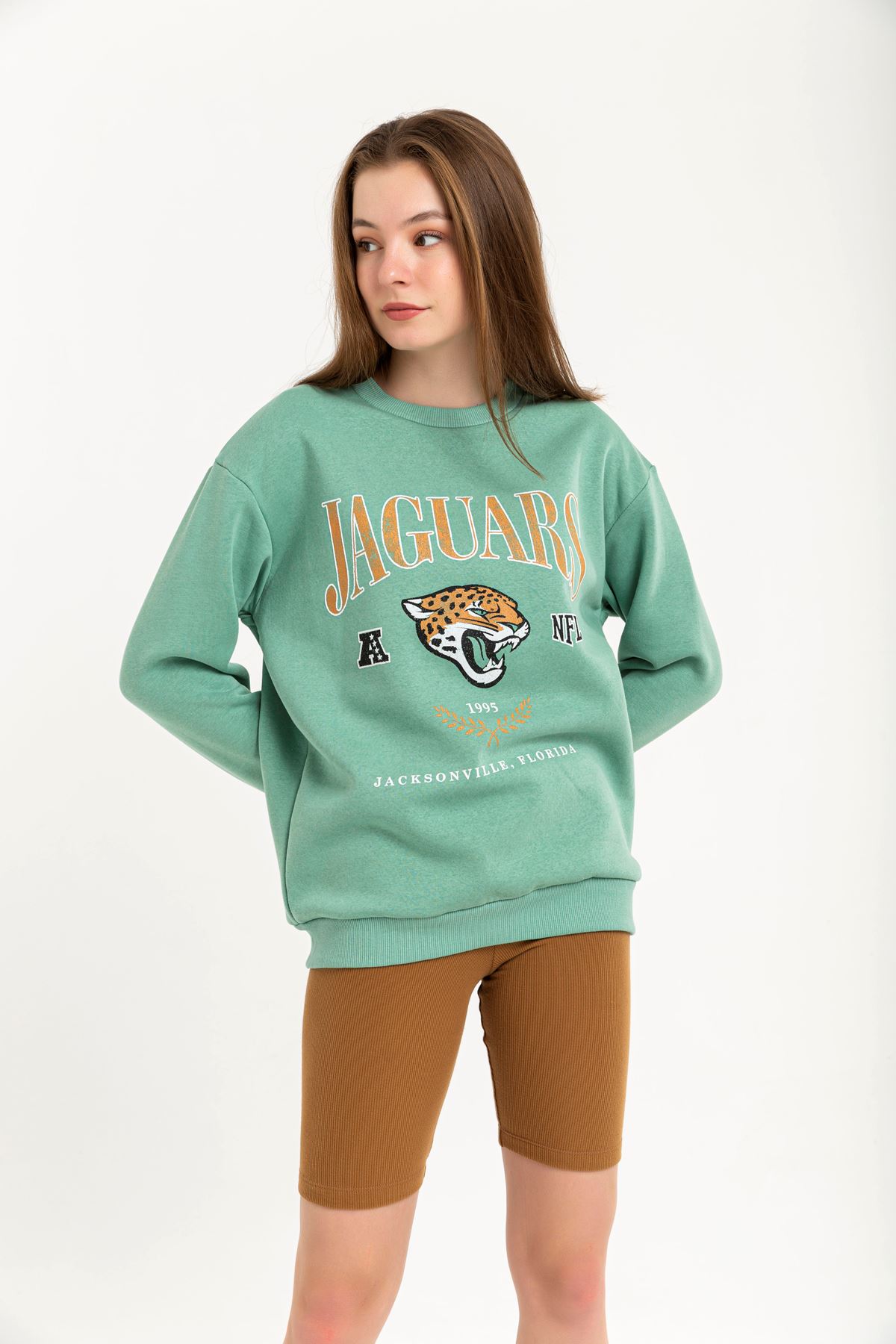 Şardonlu 3 İplik Kumaş Rahat Kalıp Jaguars Baskılı Kadın Sweatshirt-Mint