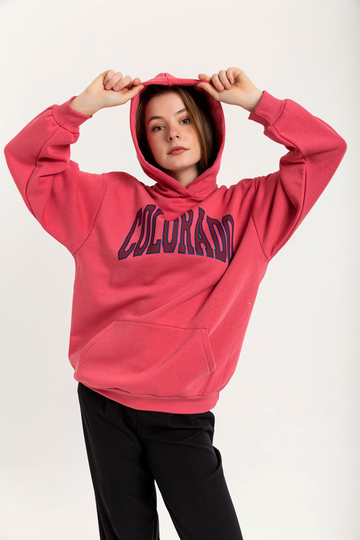 Jesica Fabric Long Sleeve Hooded Oversize Zip Women Sweatshirt - Pink