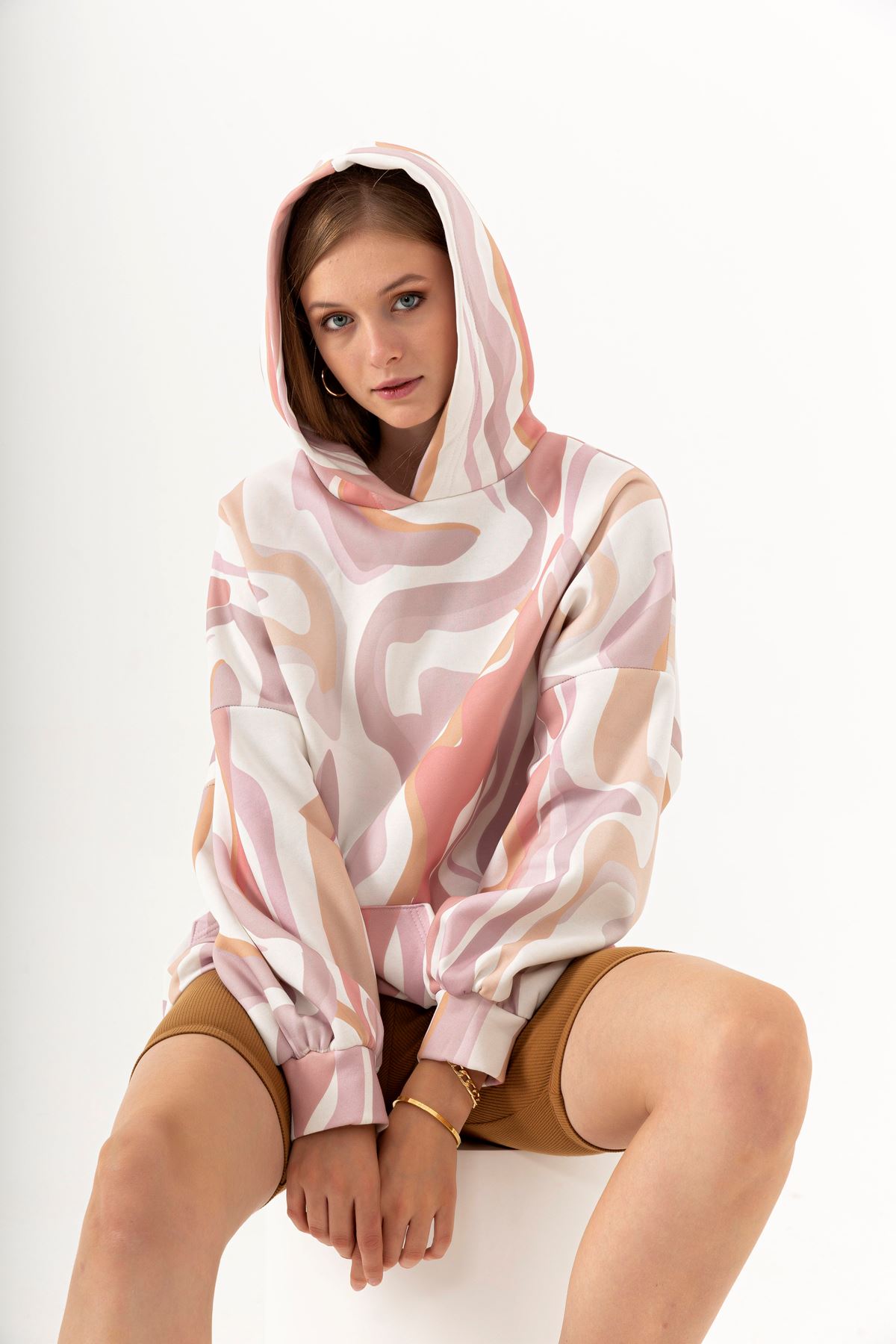 Third Knit Fabric Long Sleeve Hooded Long Oversize Striped Women Sweatshirt - Ecru