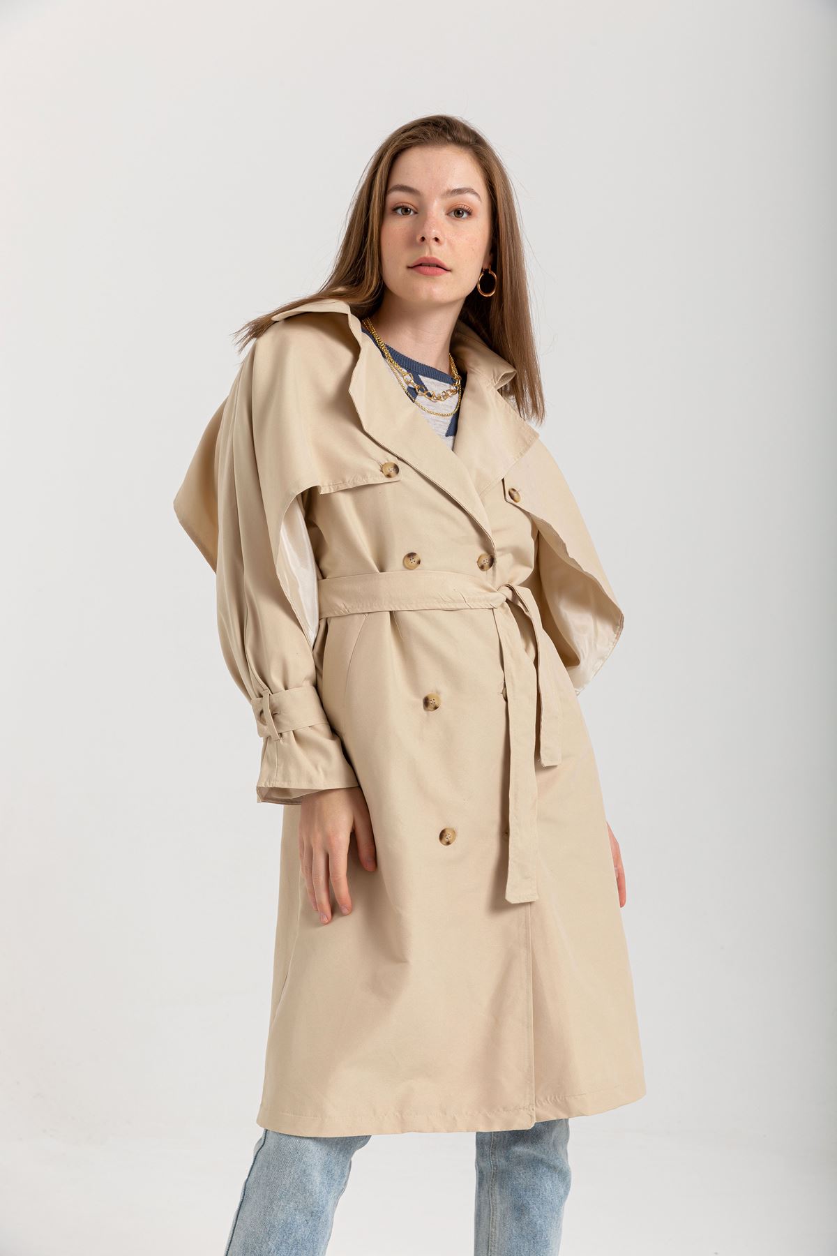 Soft Fabric Long Sleeve Shirt Collar Women Trench Coat With Belt - Stone