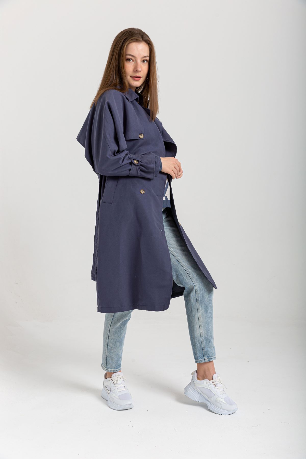 Soft Fabric Long Sleeve Shirt Collar Women Trench Coat With Belt - Navy Blue 