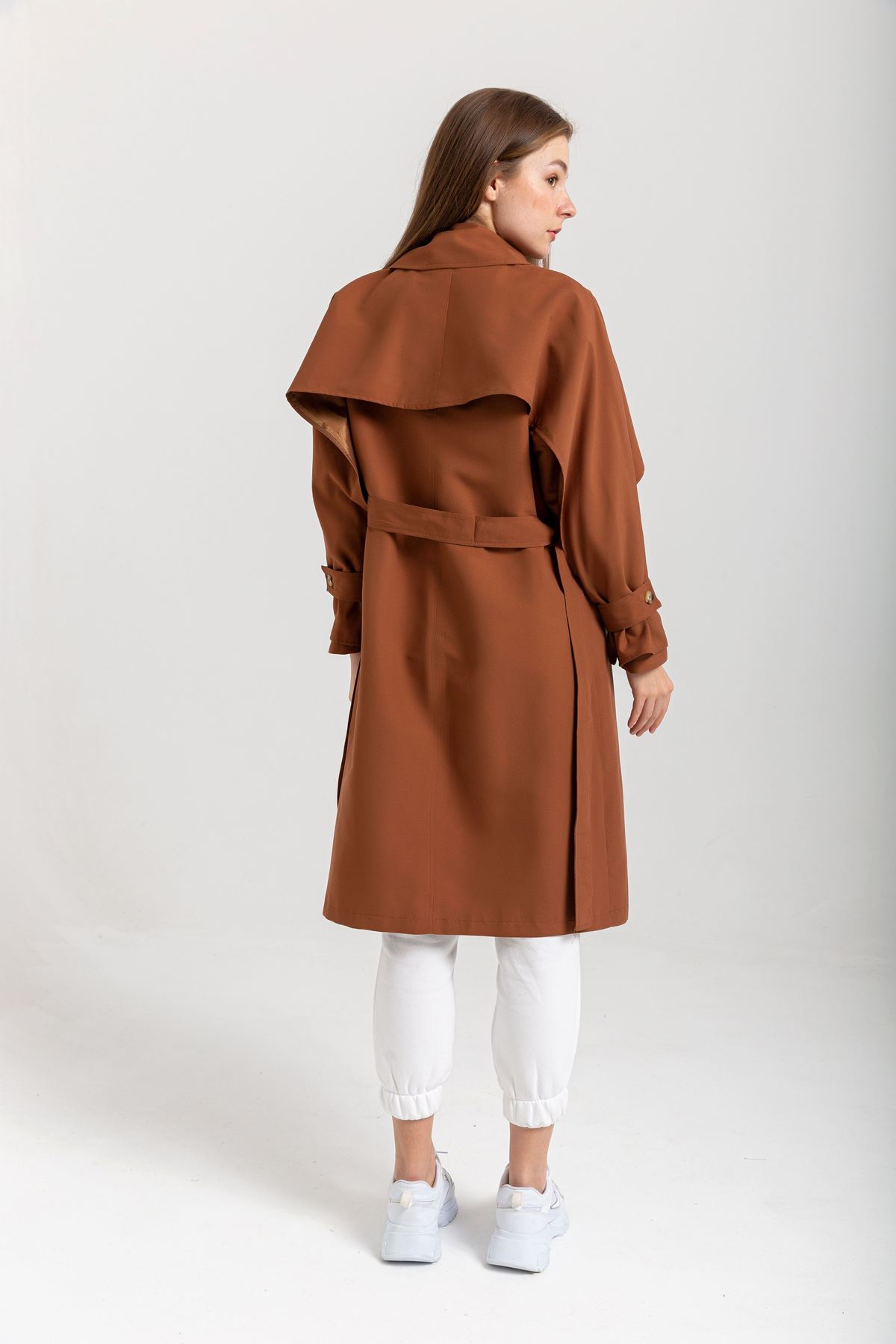 Soft Fabric Long Sleeve Shirt Collar Women Trench Coat With Belt - Brown