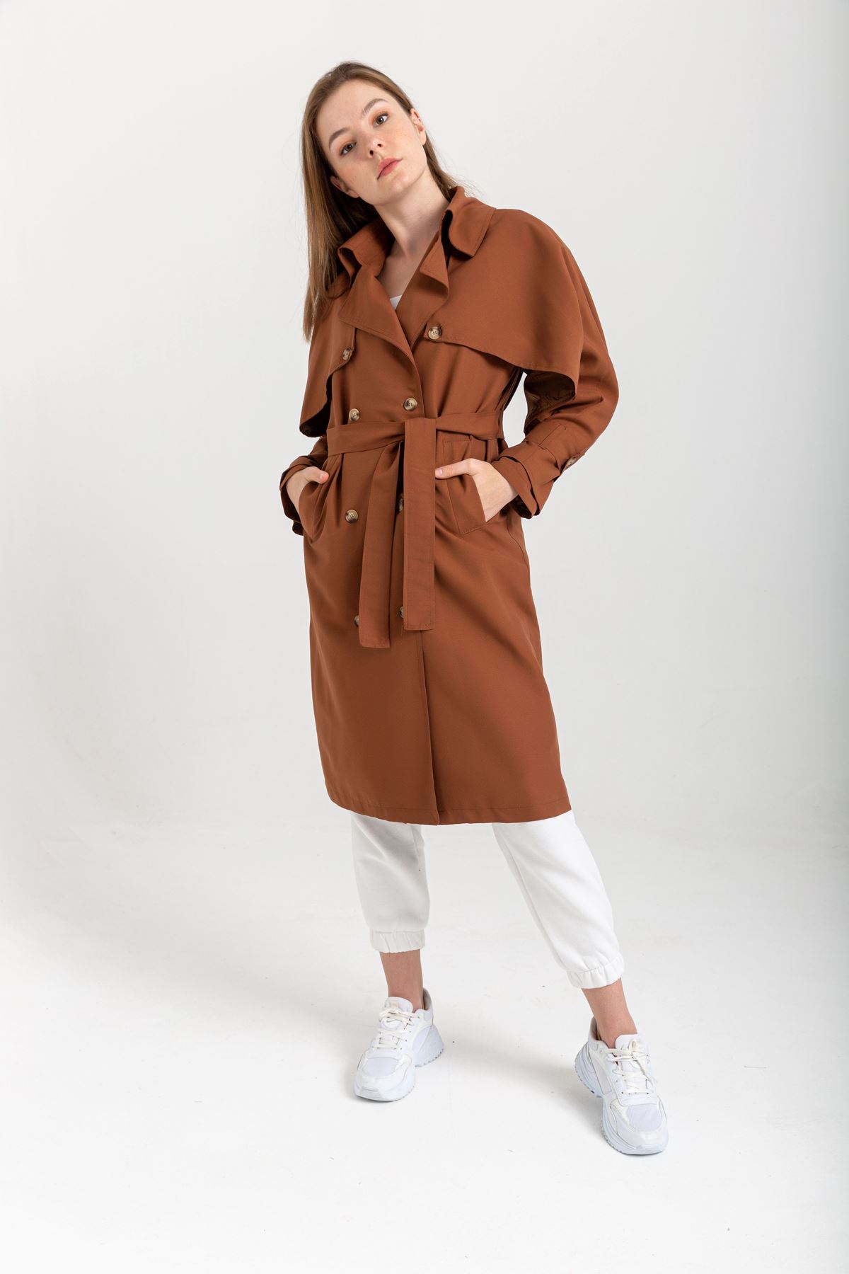 Soft Fabric Long Sleeve Shirt Collar Women Trench Coat With Belt - Brown