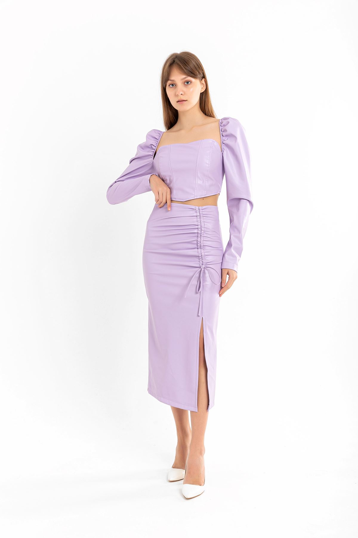 Leather Fabric Above Knee Shirred Slit Women'S Skirt - Lilac