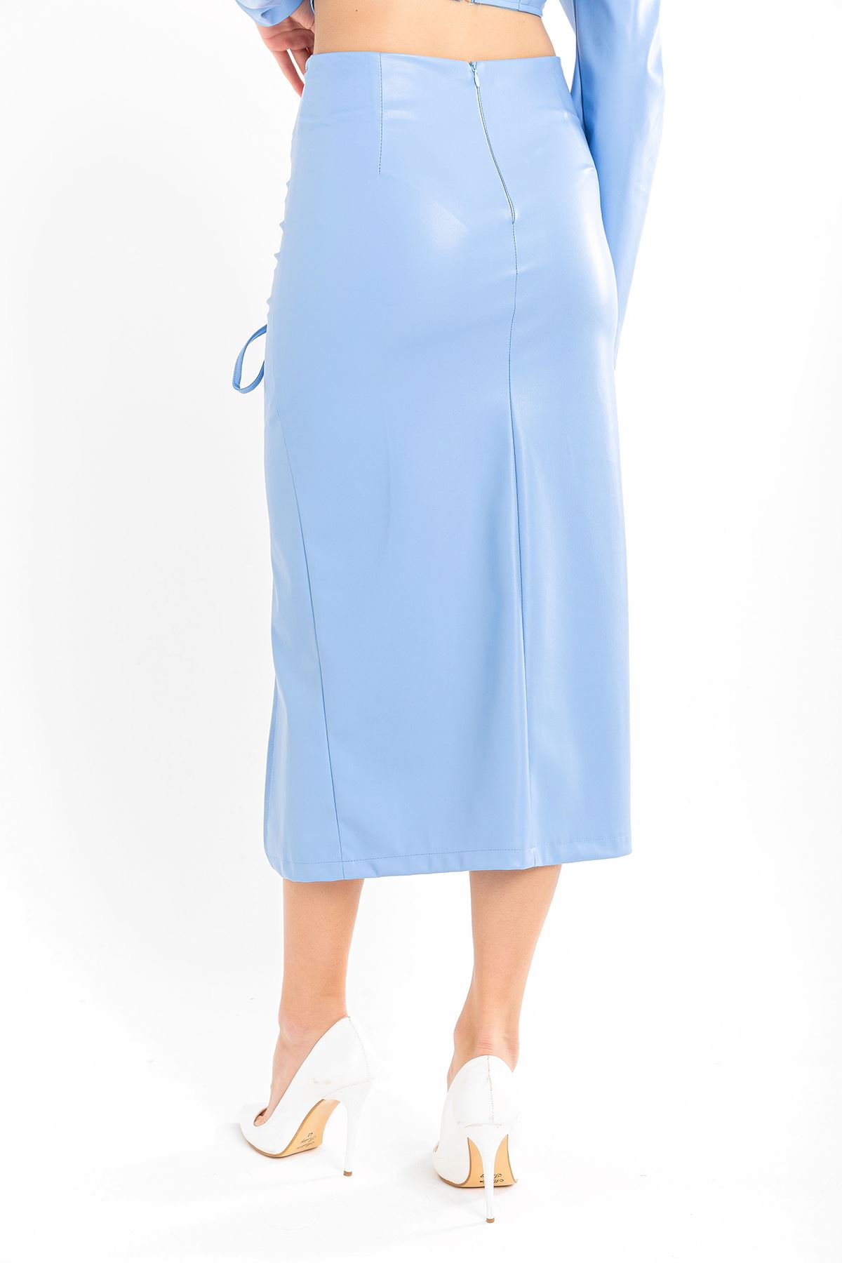 تنورة نسائية قماش جلد تحت الركبتين - ازرق