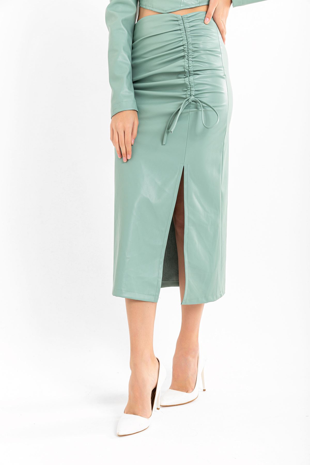 Leather Fabric Above Knee Shirred Slit Women'S Skirt - Mint