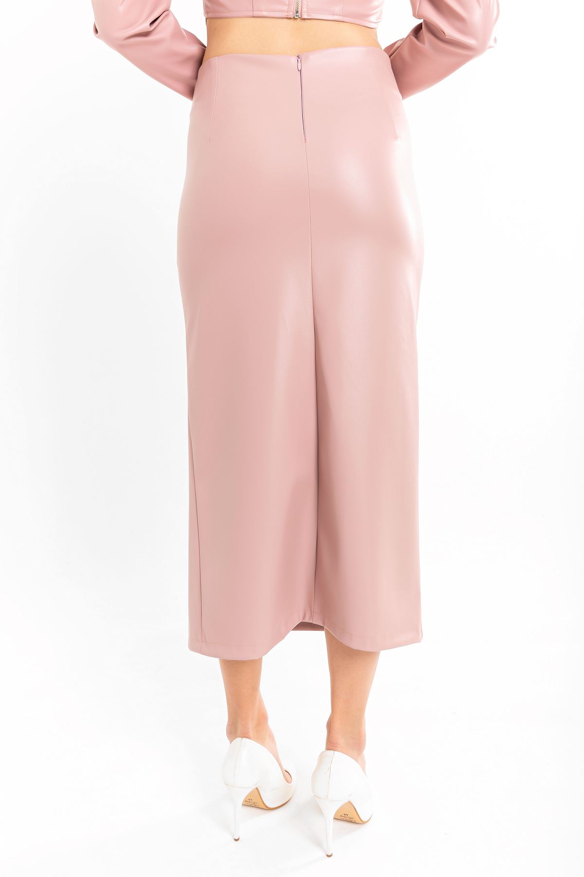 Leather Fabric Above Knee Shirred Slit Women'S Skirt - Light Pink