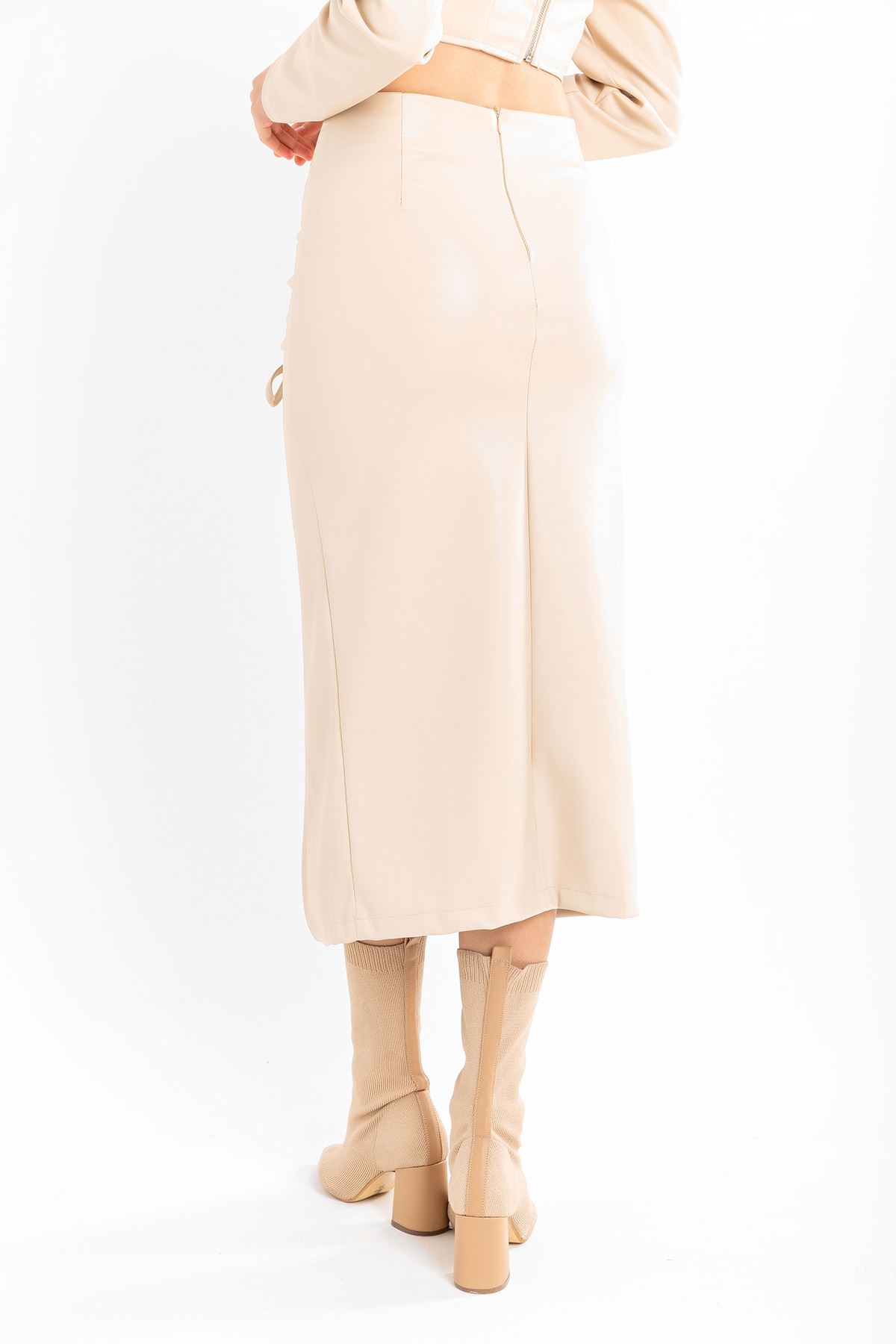 Leather Fabric Above Knee Shirred Slit Women'S Skirt - Beige 
