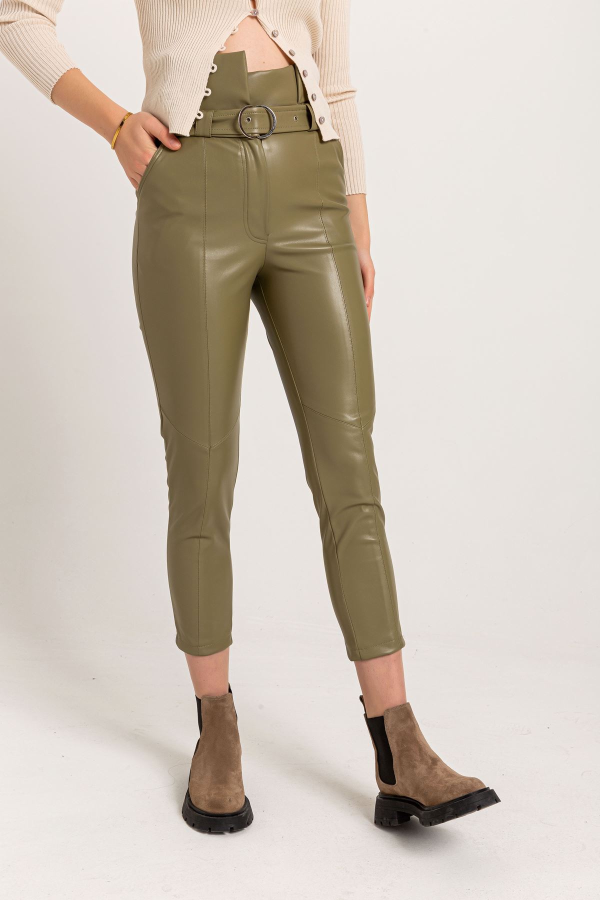 Leather Fabric Long Tigth Fit High Waist Belt Women'S Trouser - Khaki 