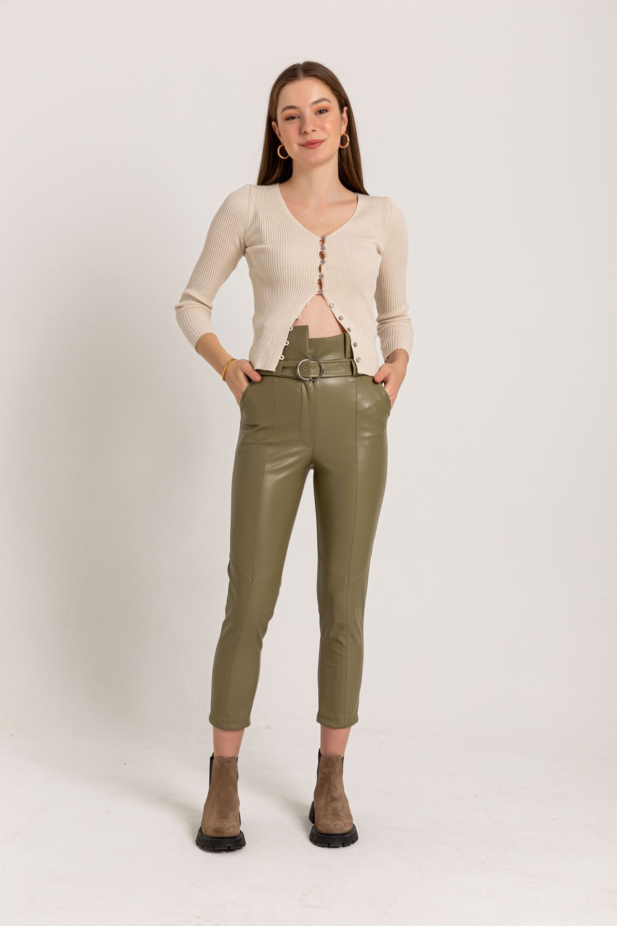 Leather Fabric Long Tigth Fit High Waist Belt Women'S Trouser - Khaki 