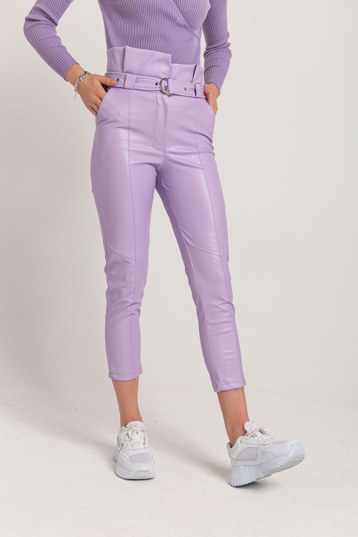 Leather Fabric Long Tigth Fit High Waist Belt Women'S Trouser - Lilac