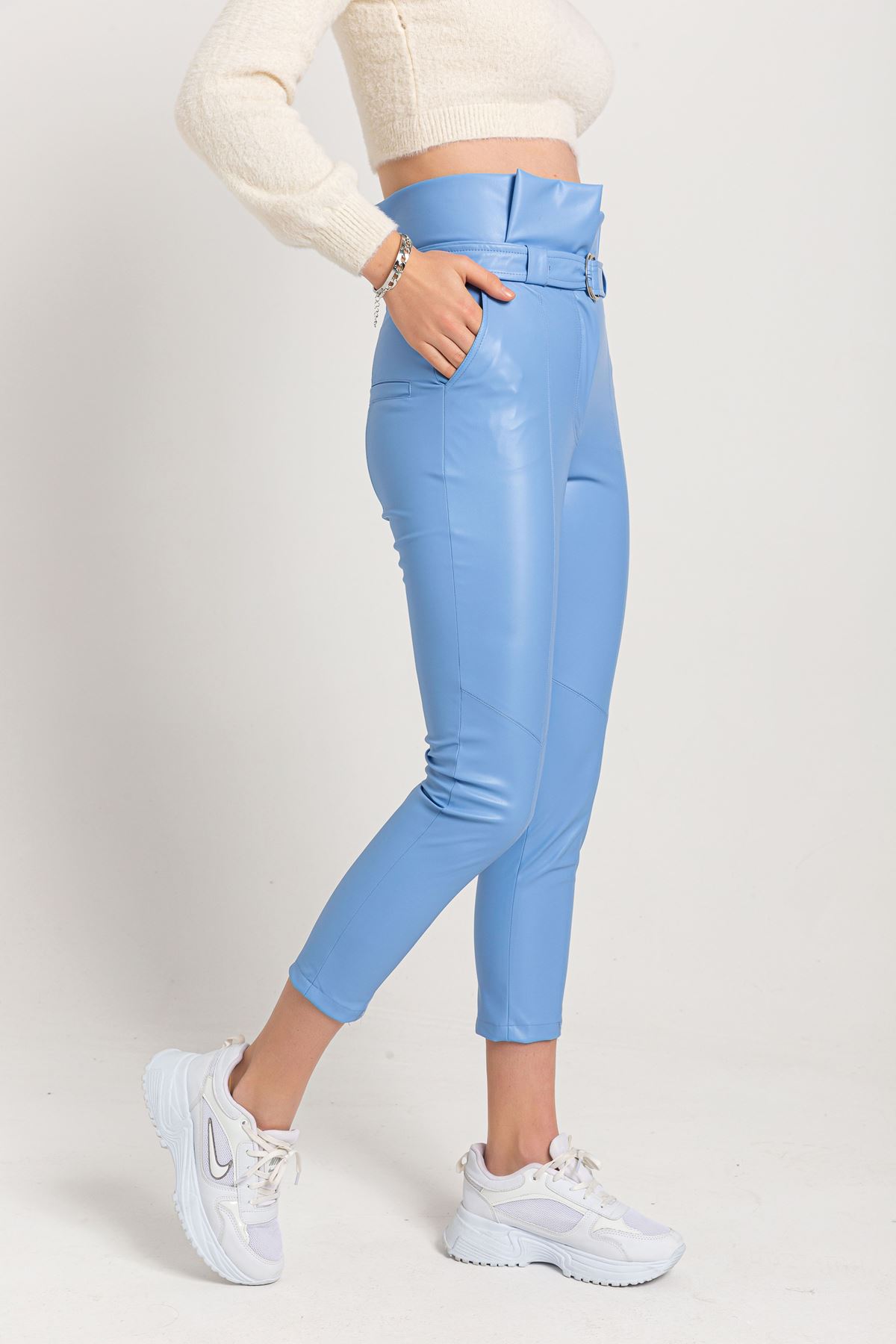 Leather Fabric Long Tigth Fit High Waist Belt Women'S Trouser - Blue