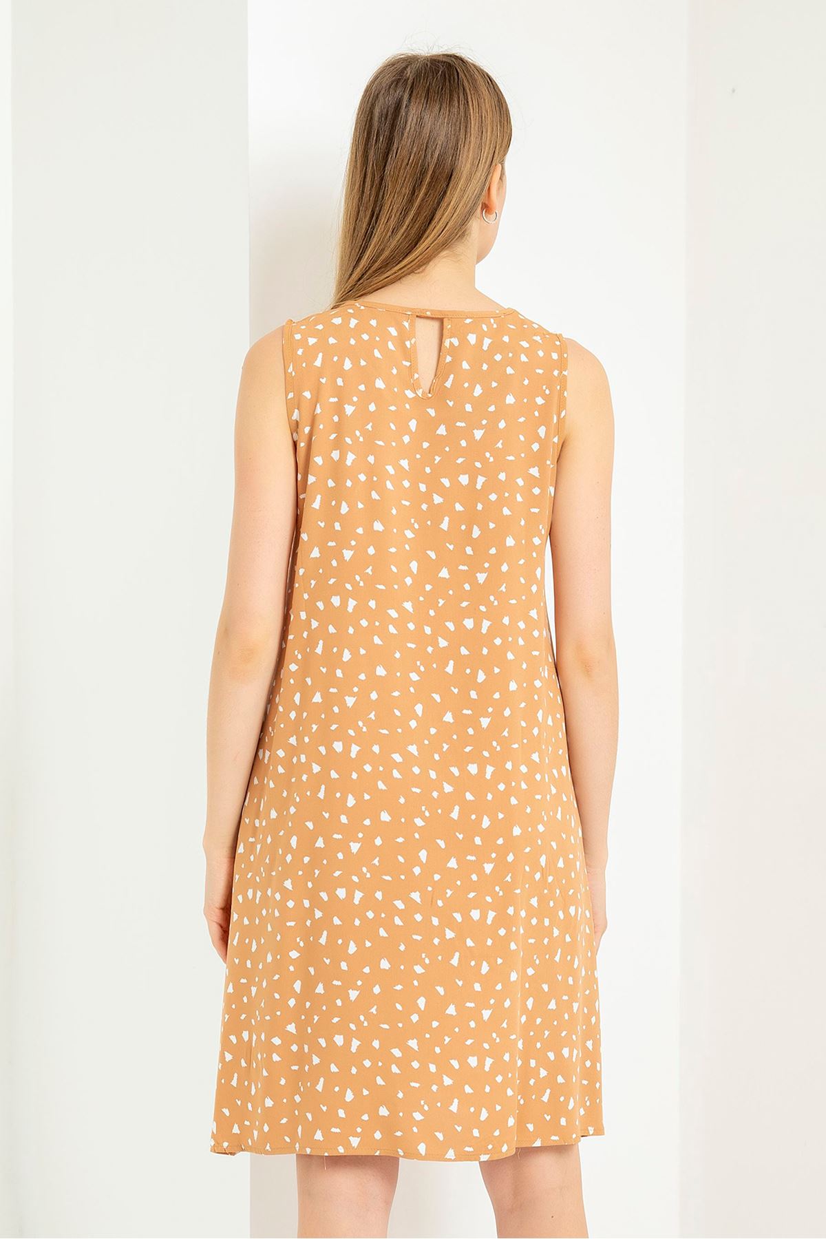 Viscose Fabric Sleeveless Round Full Fit Crispy Print Women Dress - Light Brown