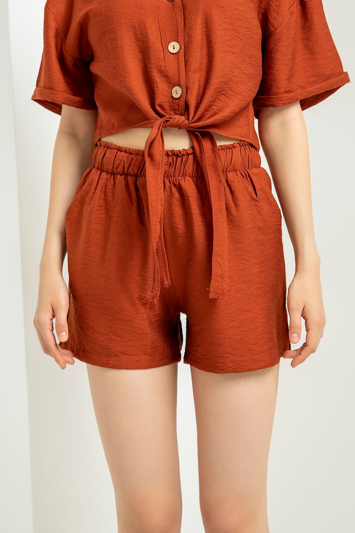 льняный ткань Женские шорты с эластичной резинкой на талии - Оранжевый