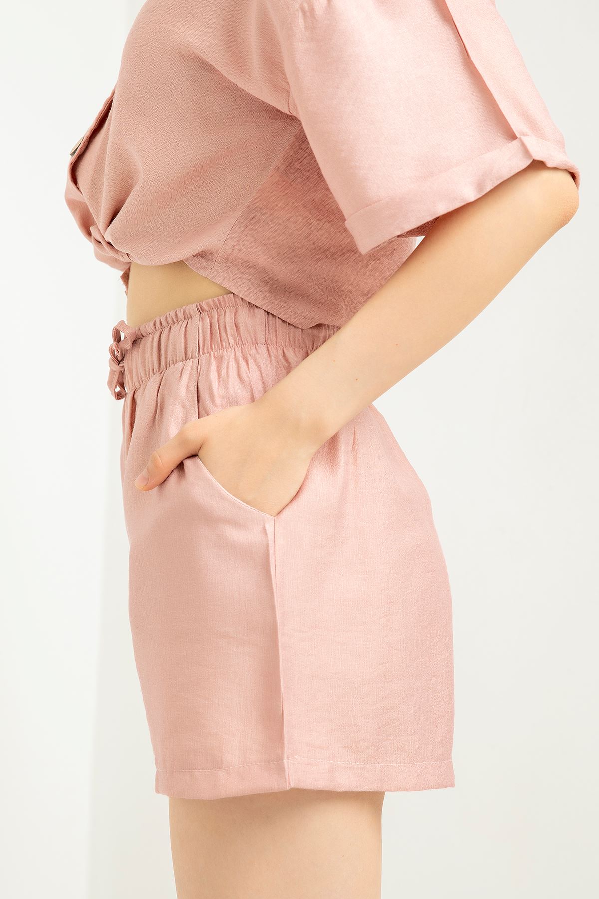 Linen Fabric Short Comfy Fit Elastic Waist Women Shorts - Light Pink