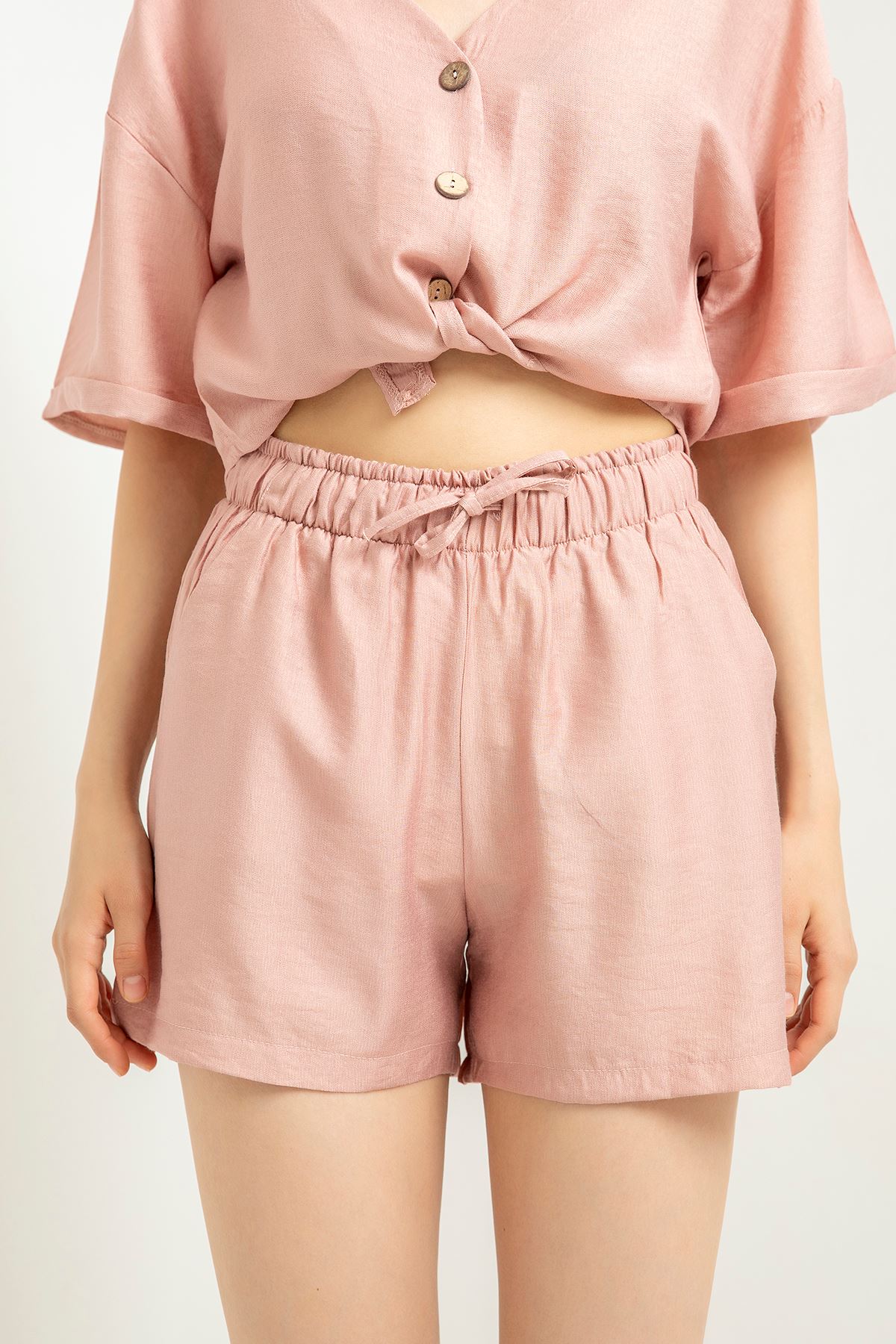 льняный ткань Женские шорты с эластичной резинкой на талии - Светло розовый