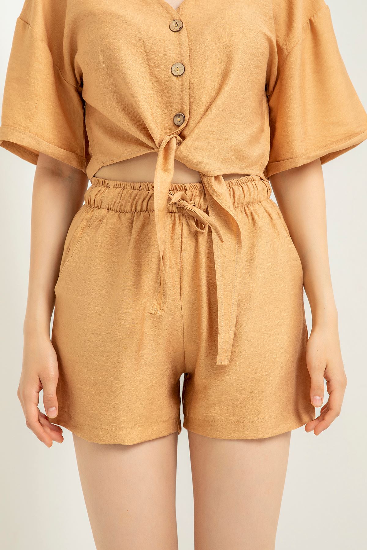 Linen Fabric Short Comfy Fit Elastic Waist Women Shorts - Light Brown