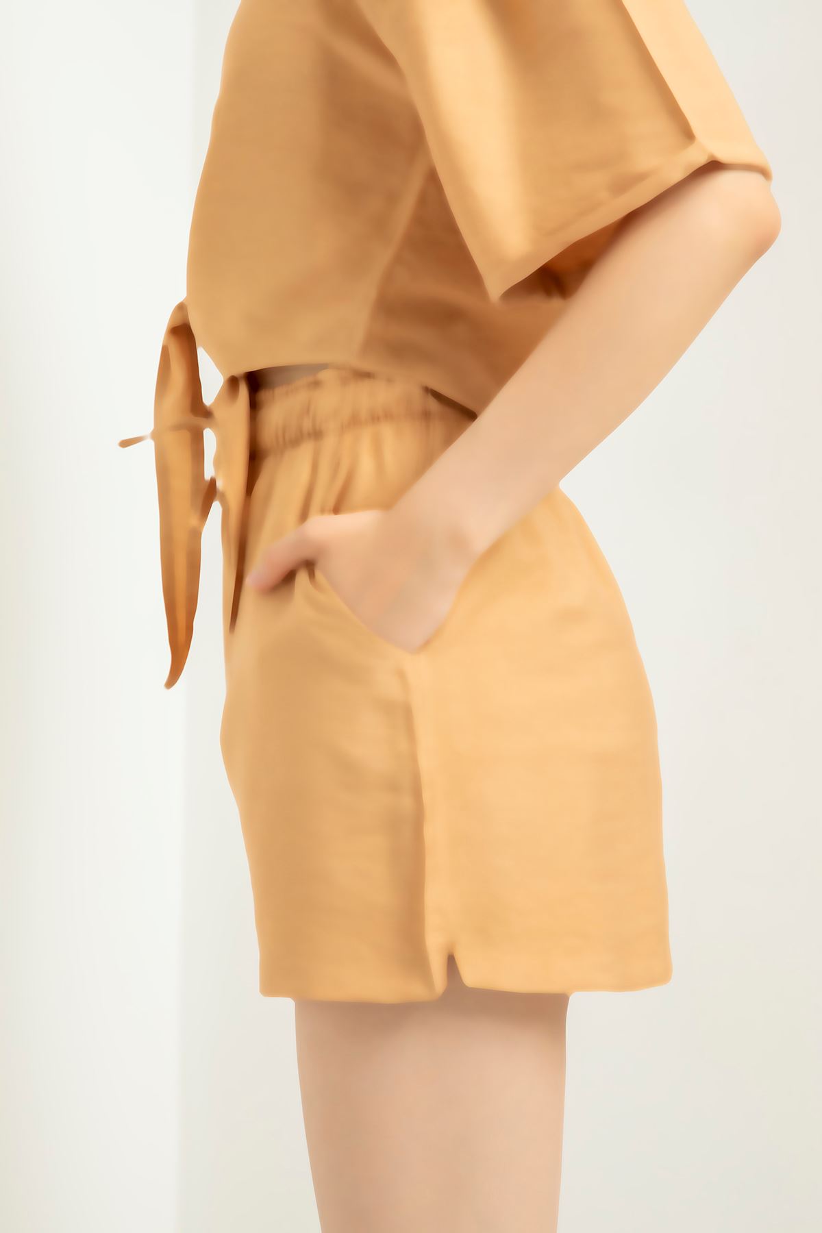 льняный ткань Женские шорты с эластичной резинкой на талии - Светло коричневый