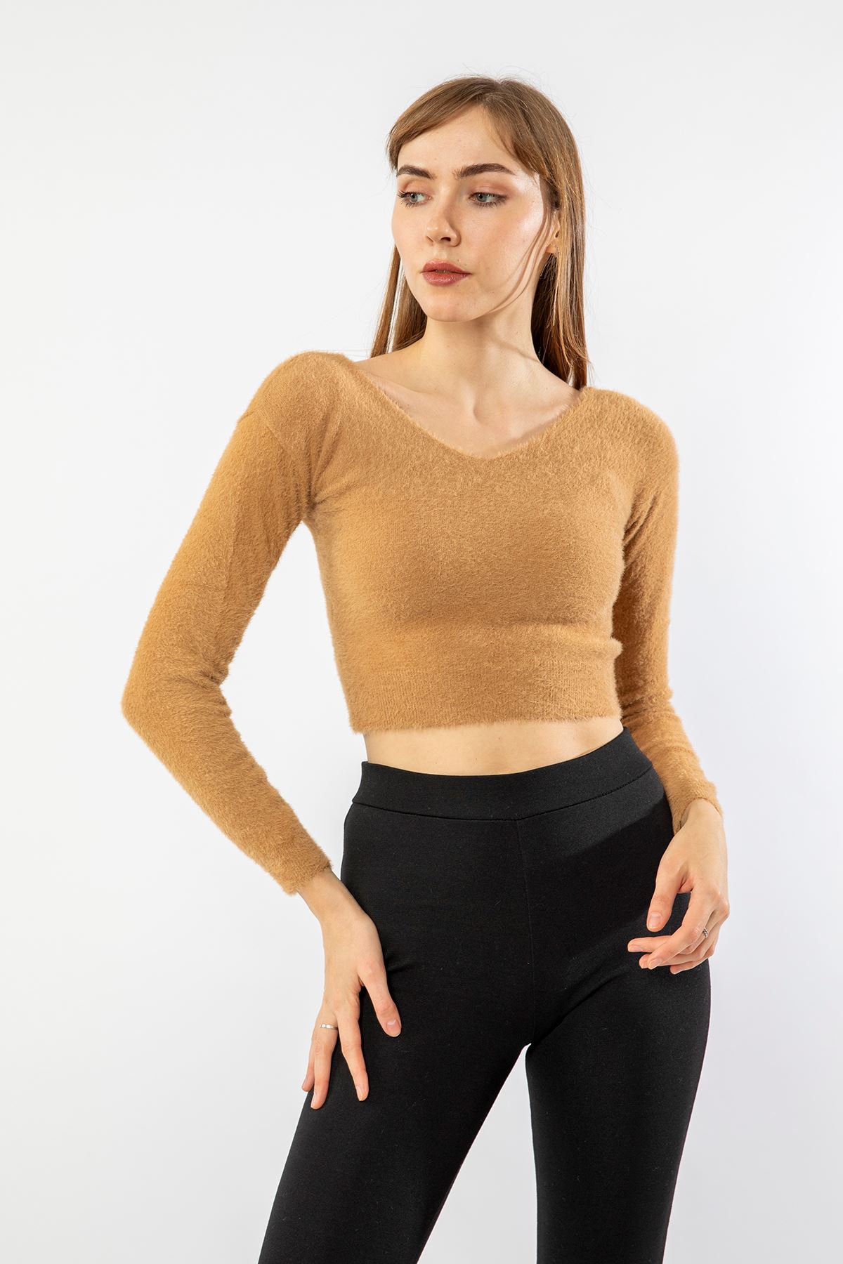 Knitwear Fabric Long Sleeve V-Neck Crop женский кроп-топ - Caramel