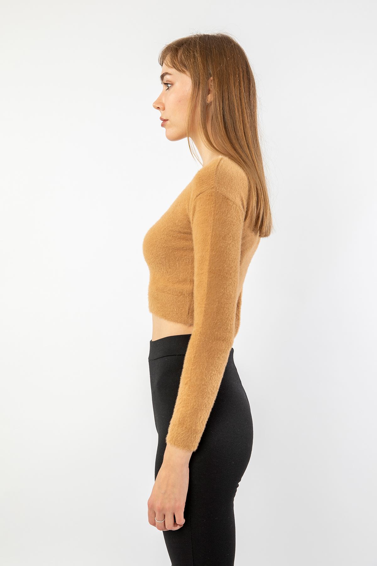Knitwear Fabric Long Sleeve V-Neck Crop женский кроп-топ - Caramel
