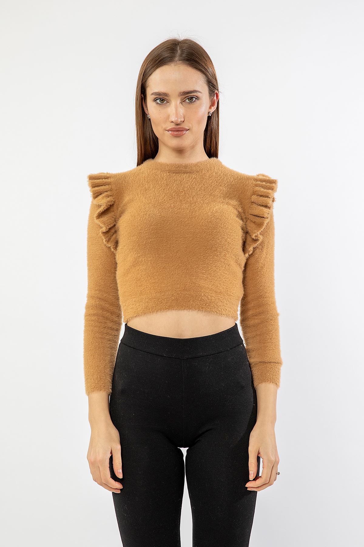 Jesica Fabric Long Sleeve Bicycle Collar Shoulder Detailed Women Sweater - Caramel