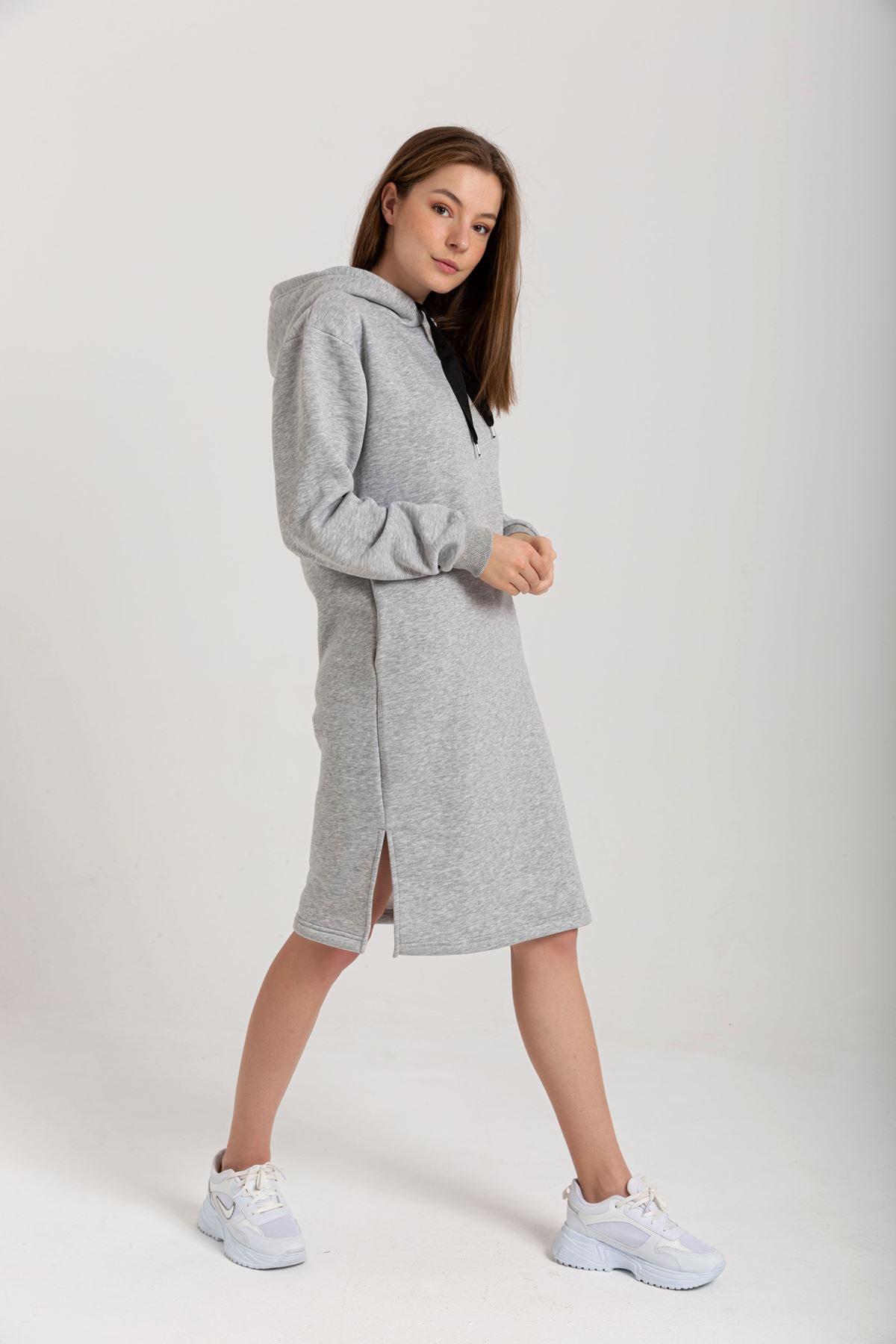 Third Knit With Wool İnside Fabric Long Sleeve Hooded Oversize Women Dress