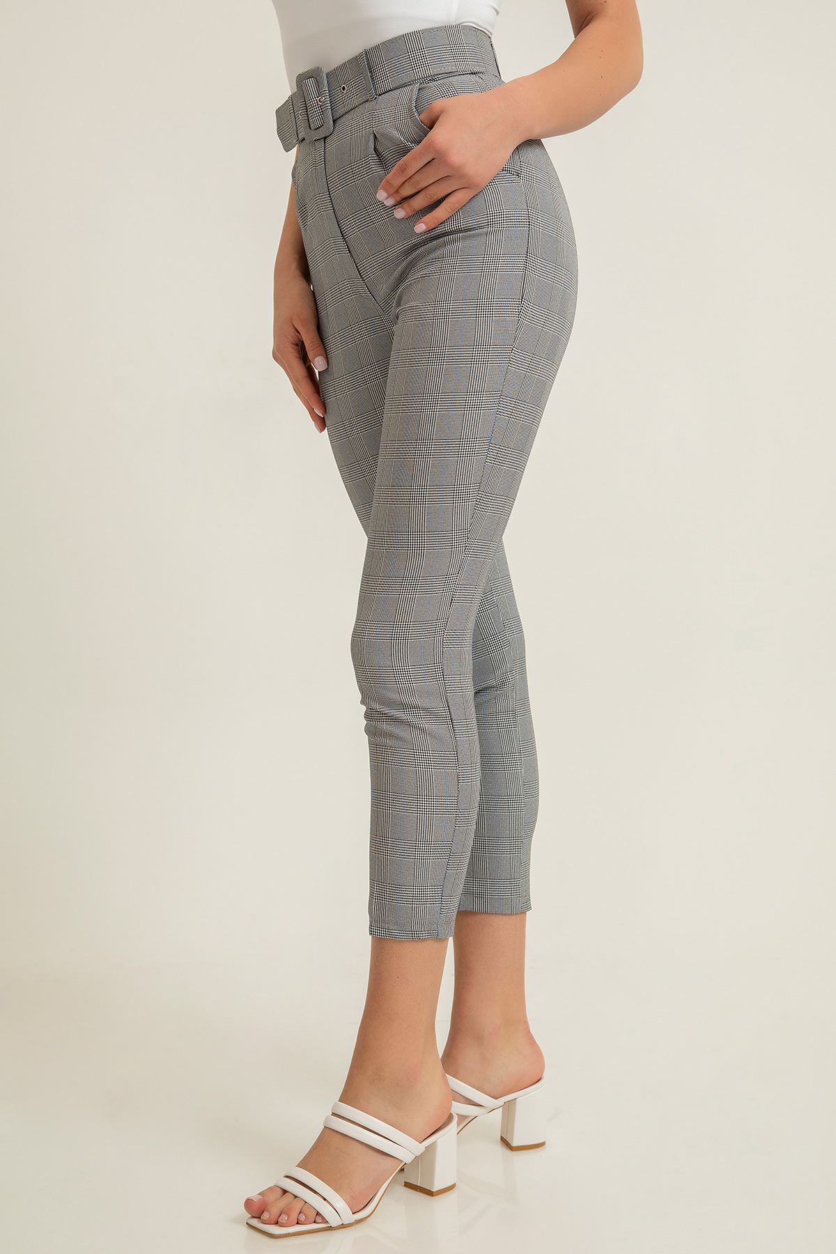 Plaid Fabric Ankle Length Classical Striped Women'S Trouser With Belt - Navy Blue 