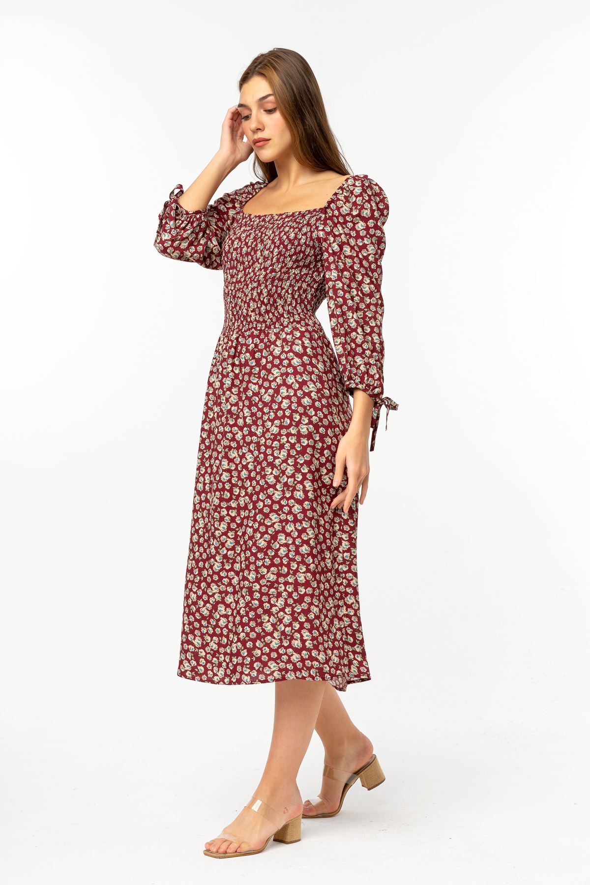 Square Neckline Tight Fit Floral Print Women Dress - Burgundy