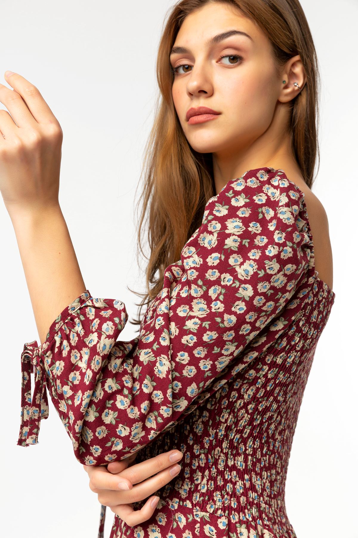 рукава средный длины Квадратная шея цветочный принтженское платье - Бордовый