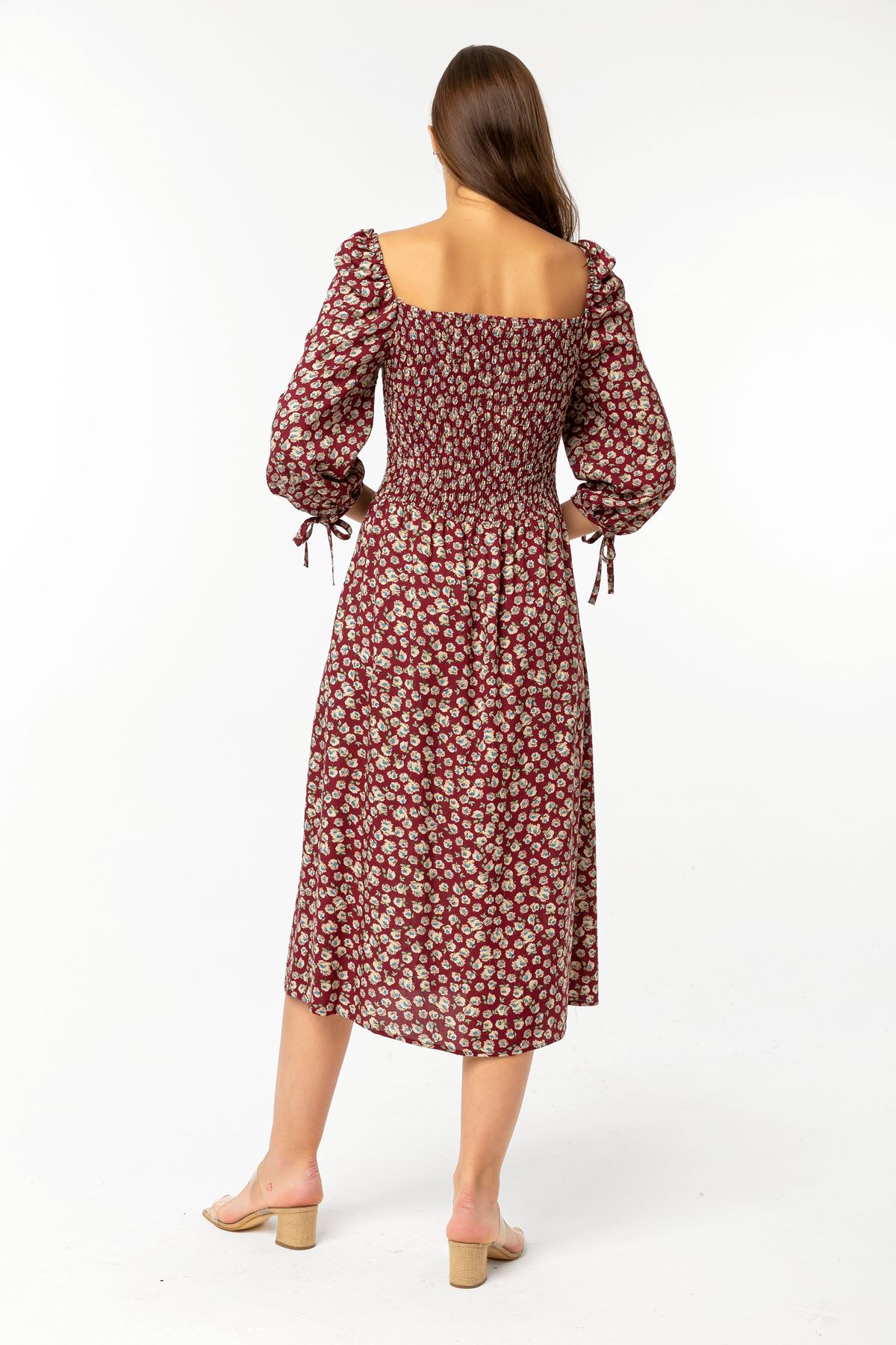 فستان نسائي قماش استيعاب نصف ذراع طوق مربع تحت الركبتين ضيق نمط زهرة - Burgundy