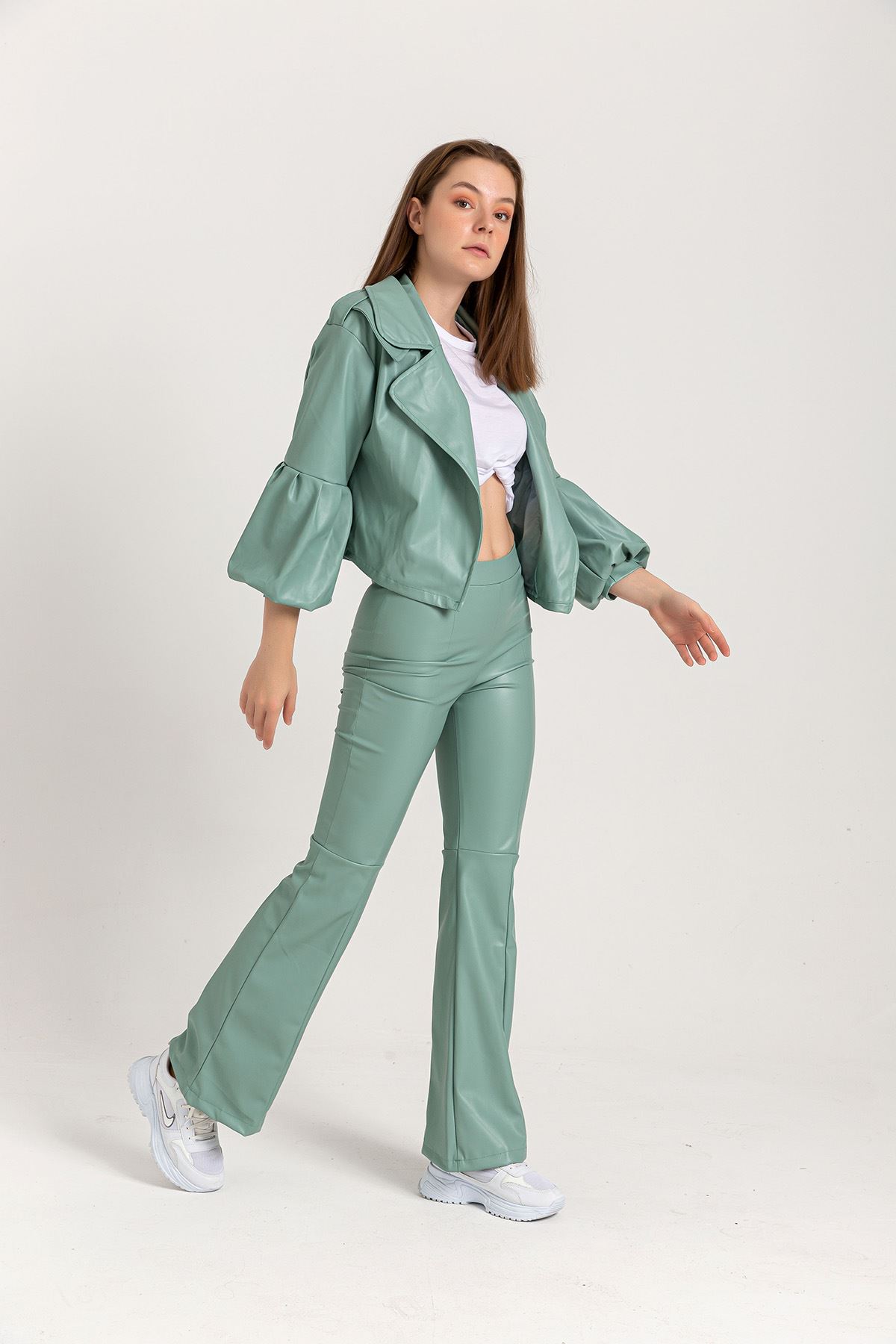 Leather Fabric Long Tigth Fit Flare Women'S Trouser - Mint