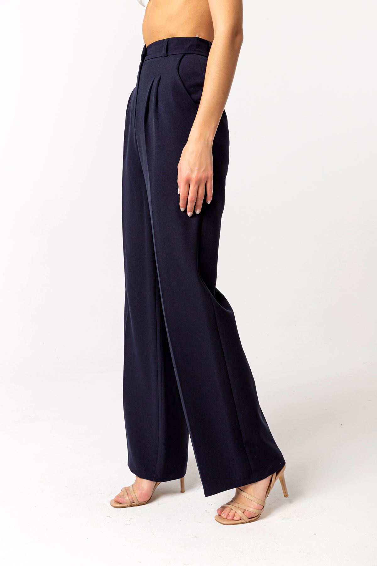 атласный ткань длинный широкий Palazzoженские брюки - Темно синий