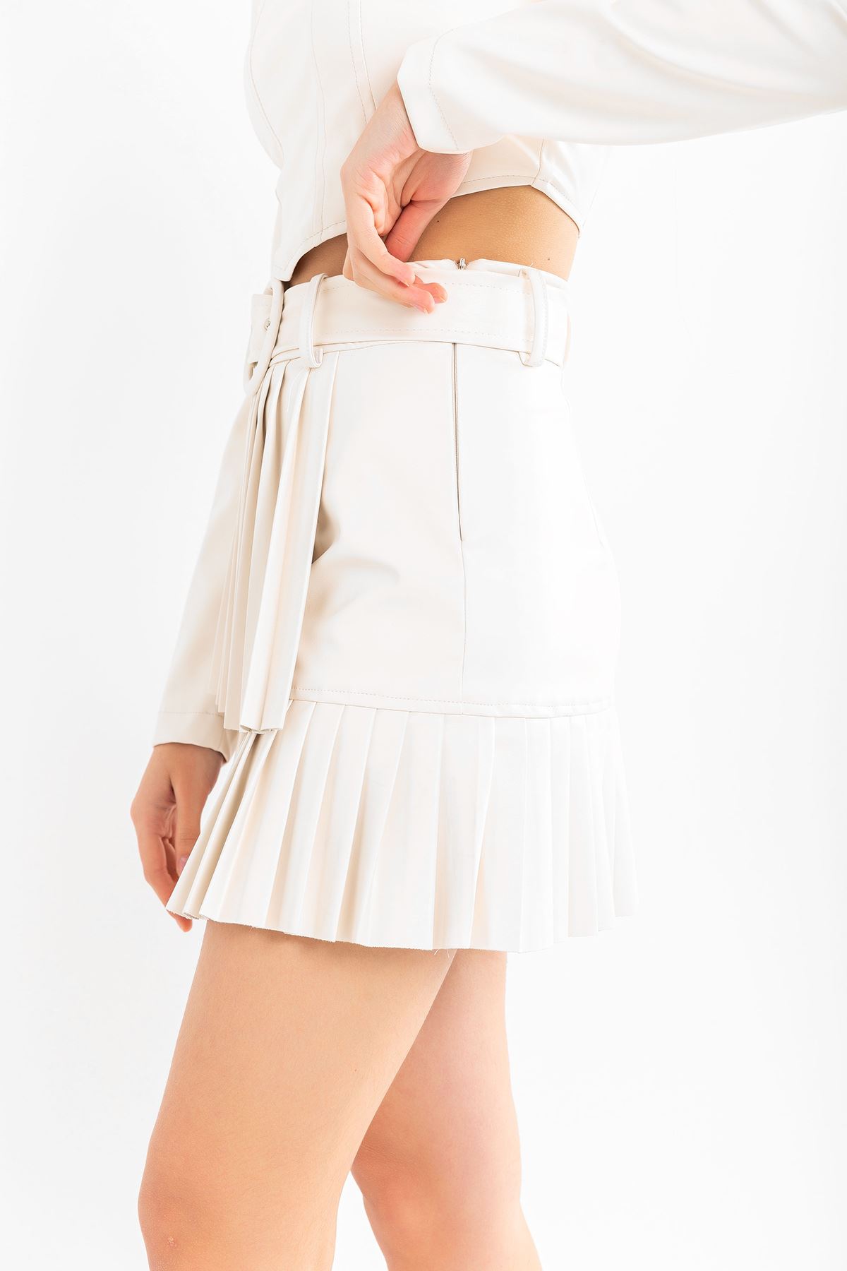Leather Fabric Full Fit Pleated Mini Skirt - Ecru