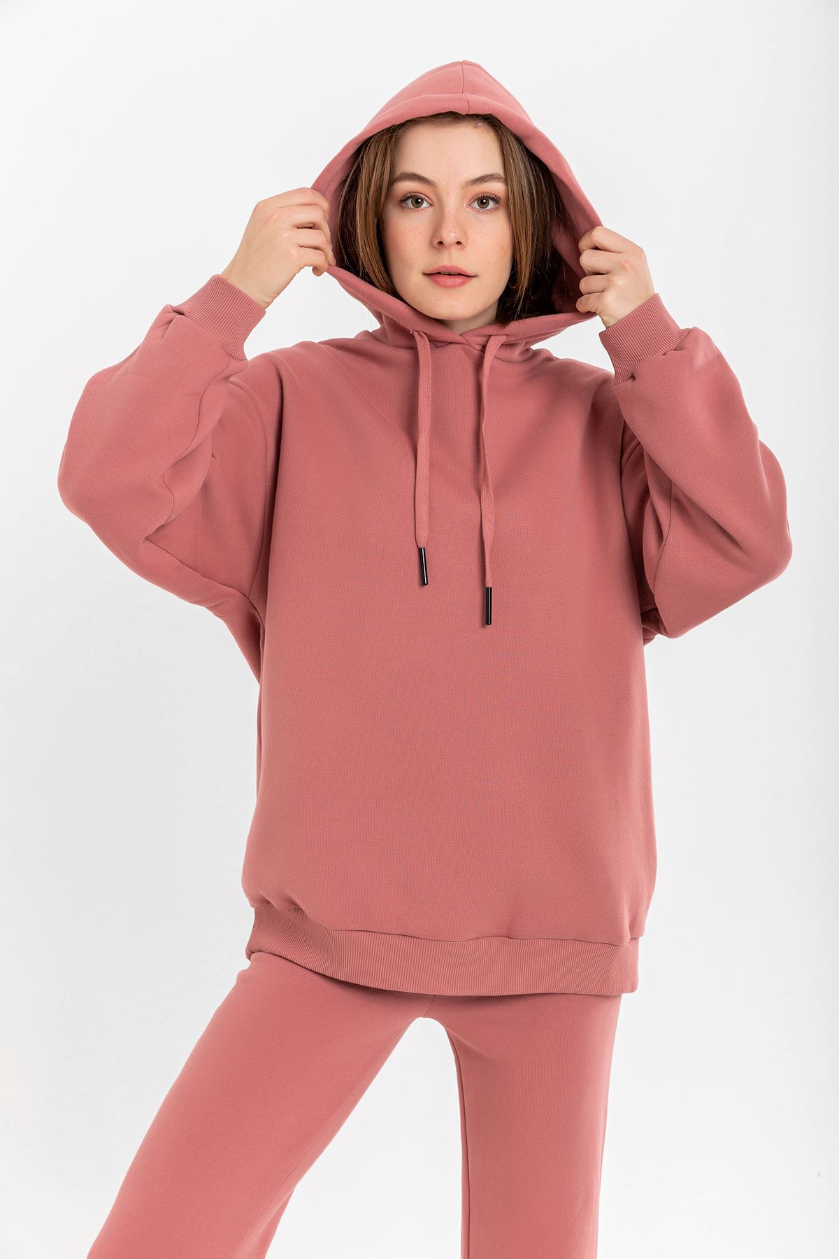 Şardonlu 3 İplik Kumaş Uzun Kol Basen Boy Kadın Sweatshirt-Gül Kurusu