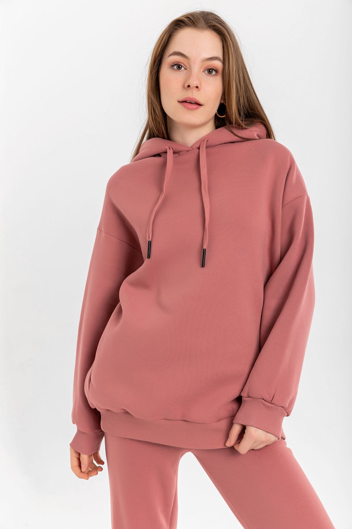 Third Knit With Wool İnside Fabric Hooded Hip Height Oversize Women Sweatshirt - Rose 