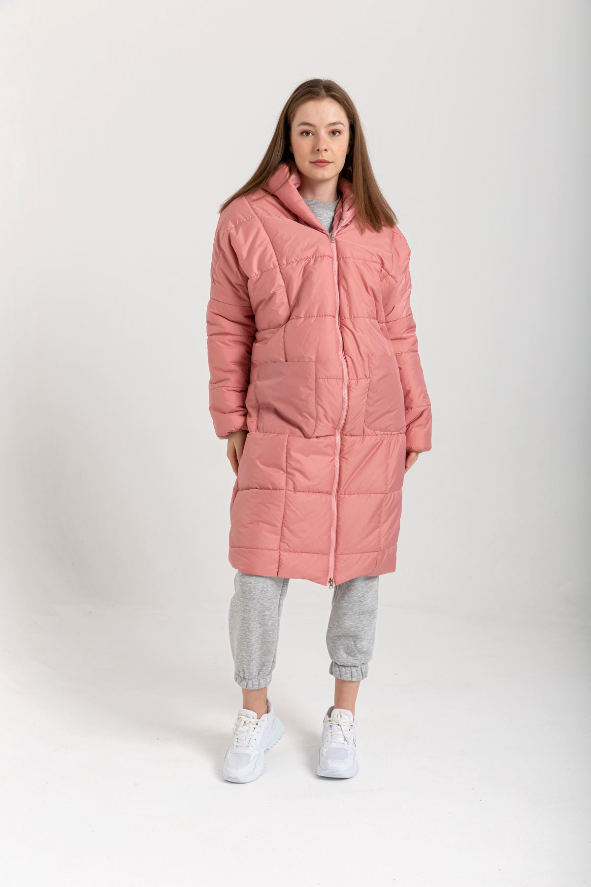 Стеганый ткань длинный рукава оверсайз /женская куртка - Розовый