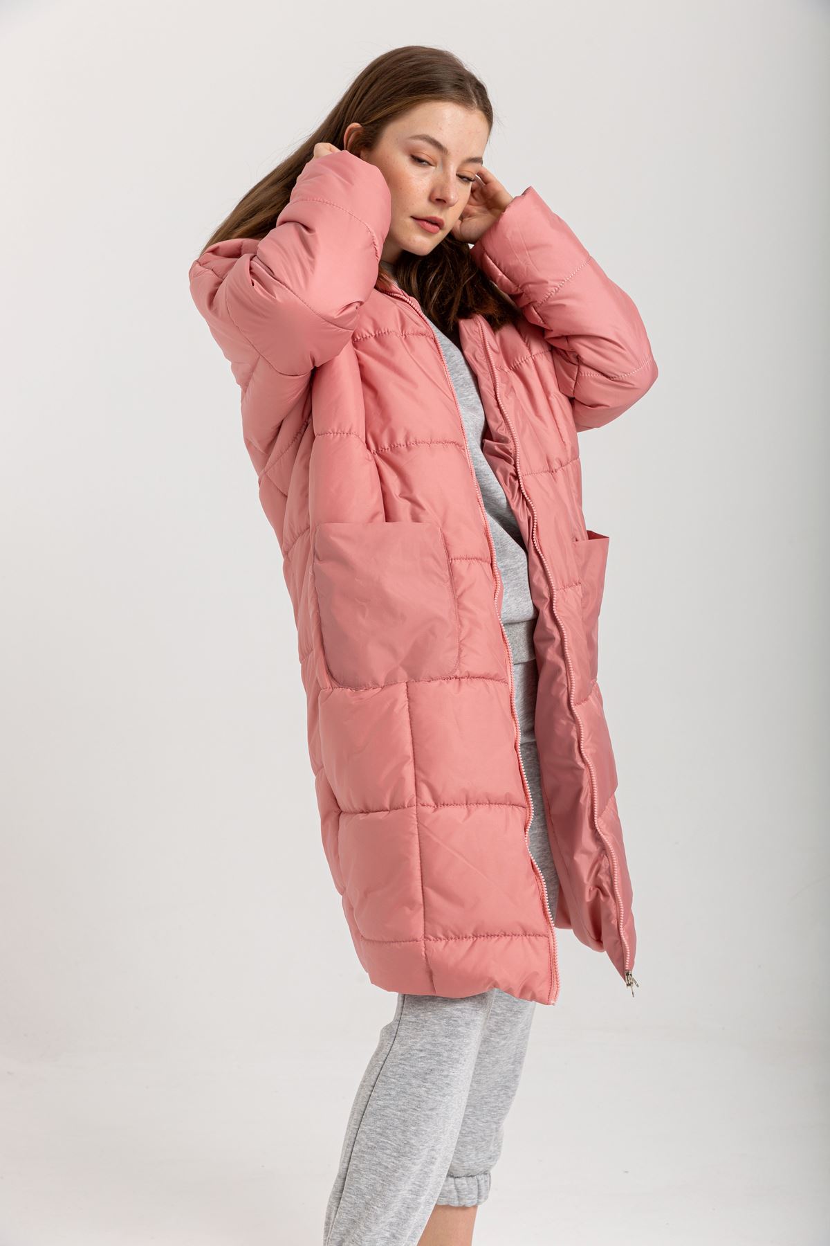 Стеганый ткань длинный рукава оверсайз /женская куртка - Розовый