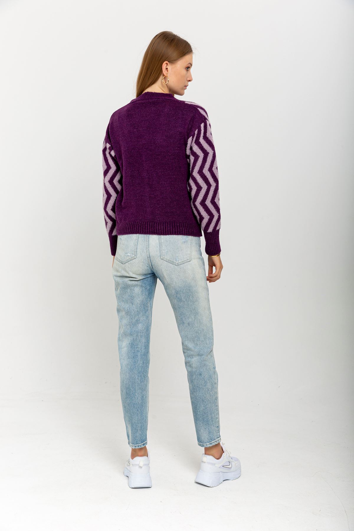 Knitwear Fabric Long Sleeve V-Neck Short Fringed Women Cardigan - Purple