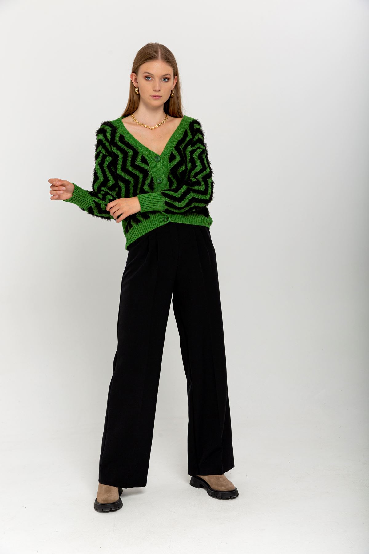 Knitwear Fabric Long Sleeve V-Neck Short Fringed Women Cardigan - Green
