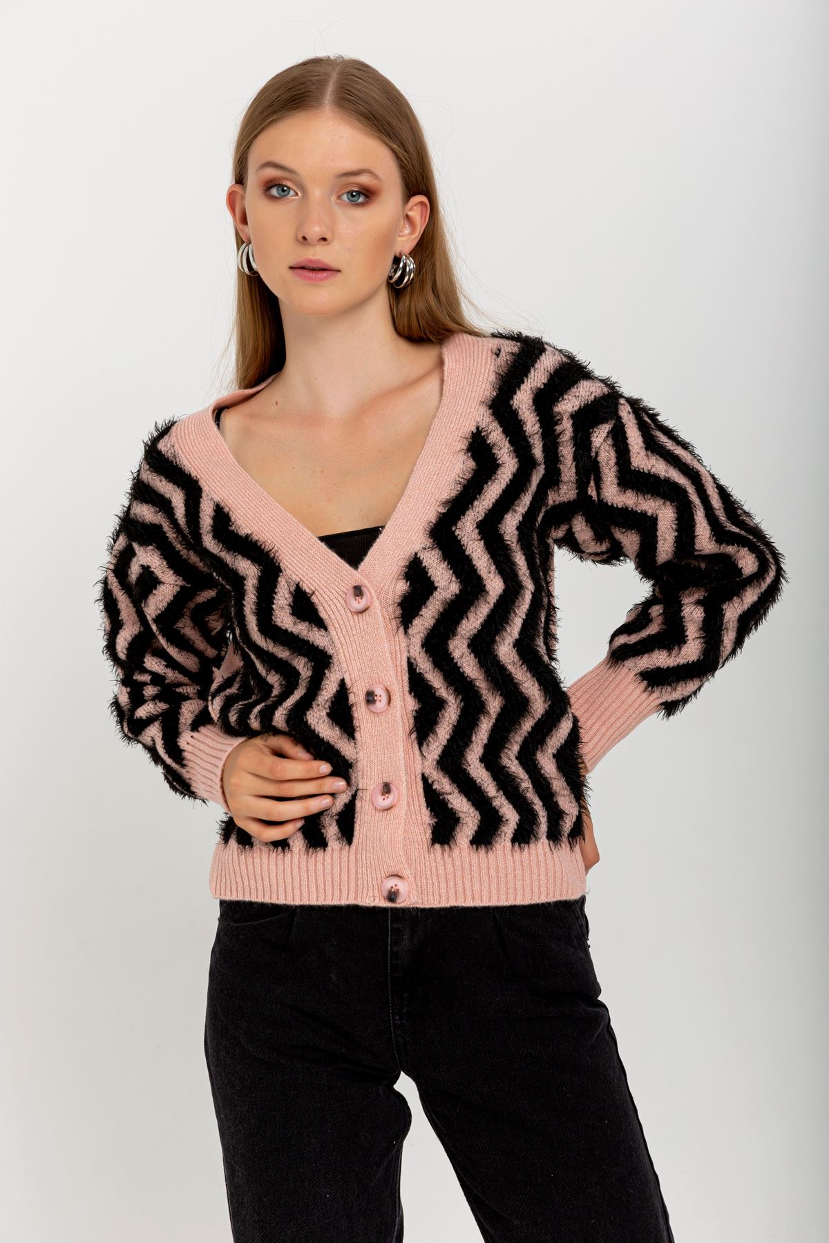 Knitwear Fabric Long Sleeve V-Neck Short Fringed Women Cardigan - Light Pink