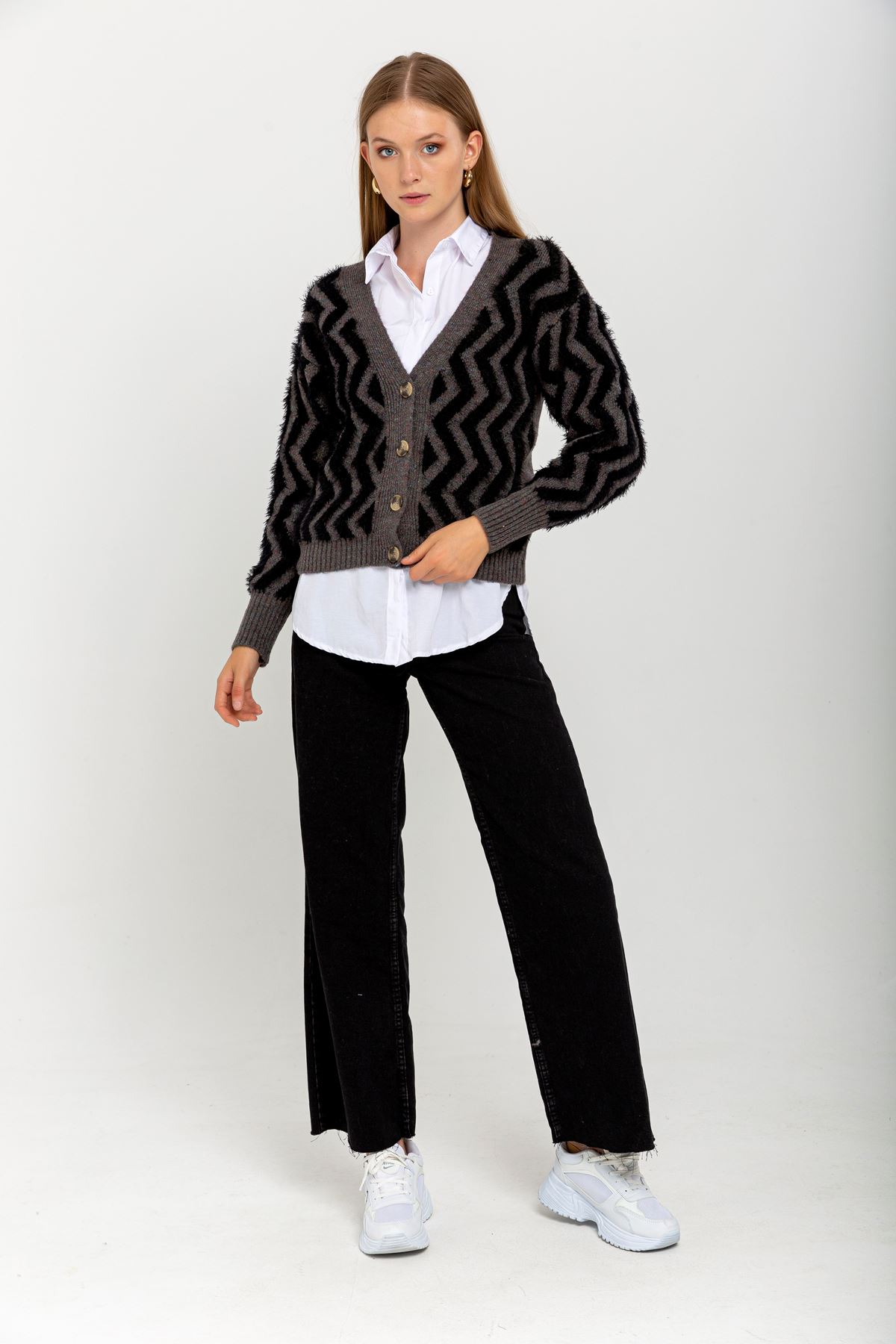 Knitwear Fabric Long Sleeve V-Neck Short Fringed Women Cardigan - Anthracite 
